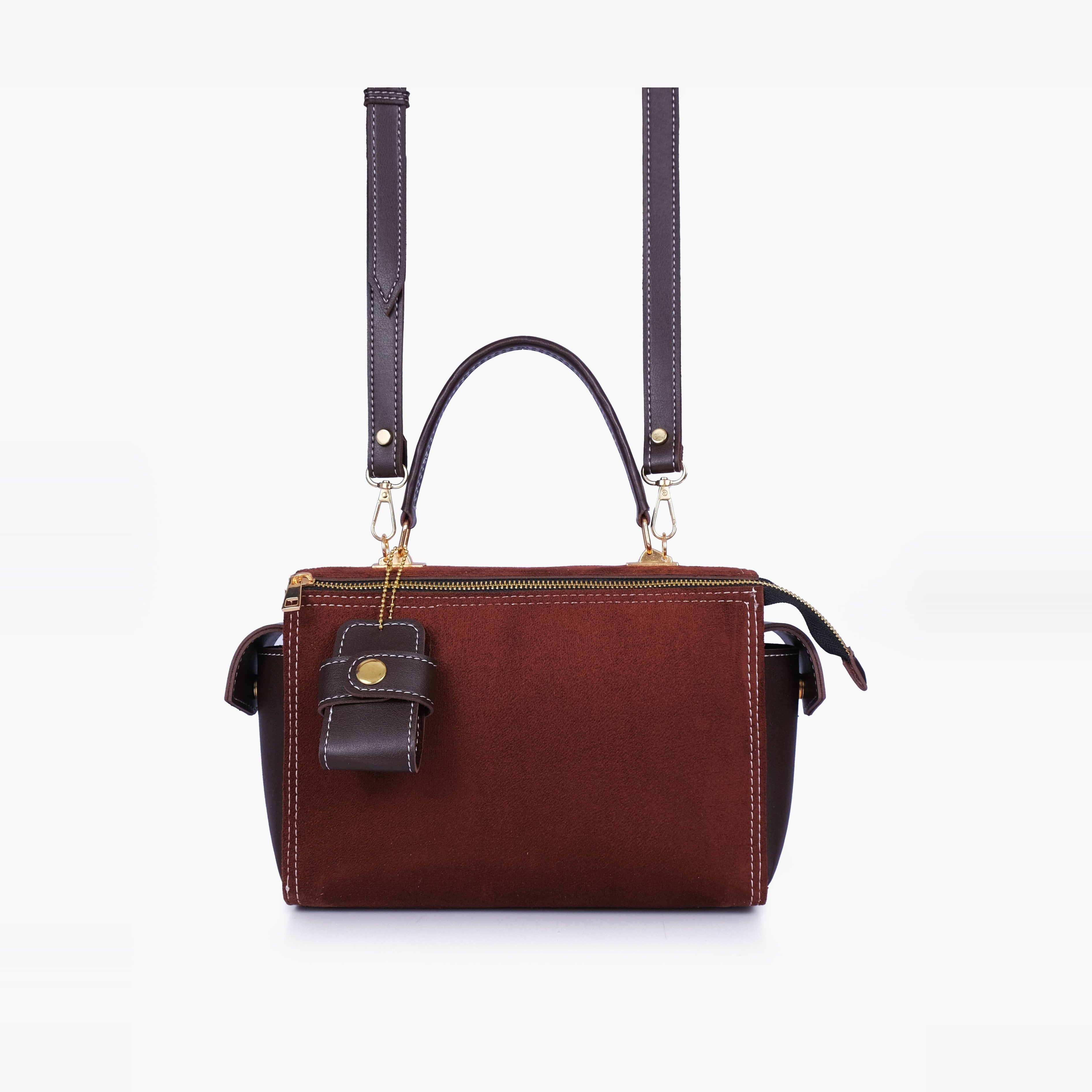 Dark brown suede bowling bag with top-handle