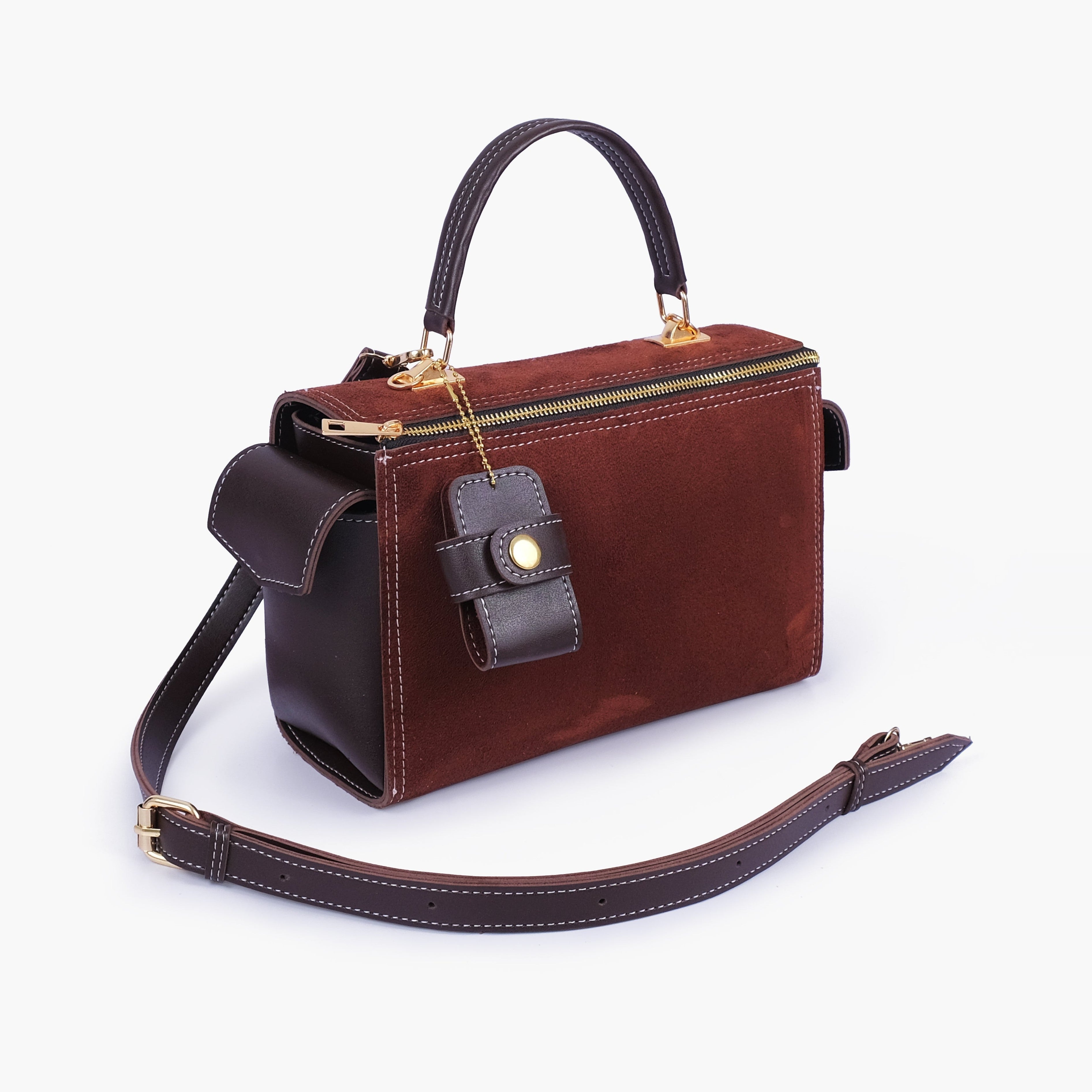 Dark brown suede bowling bag with top-handle