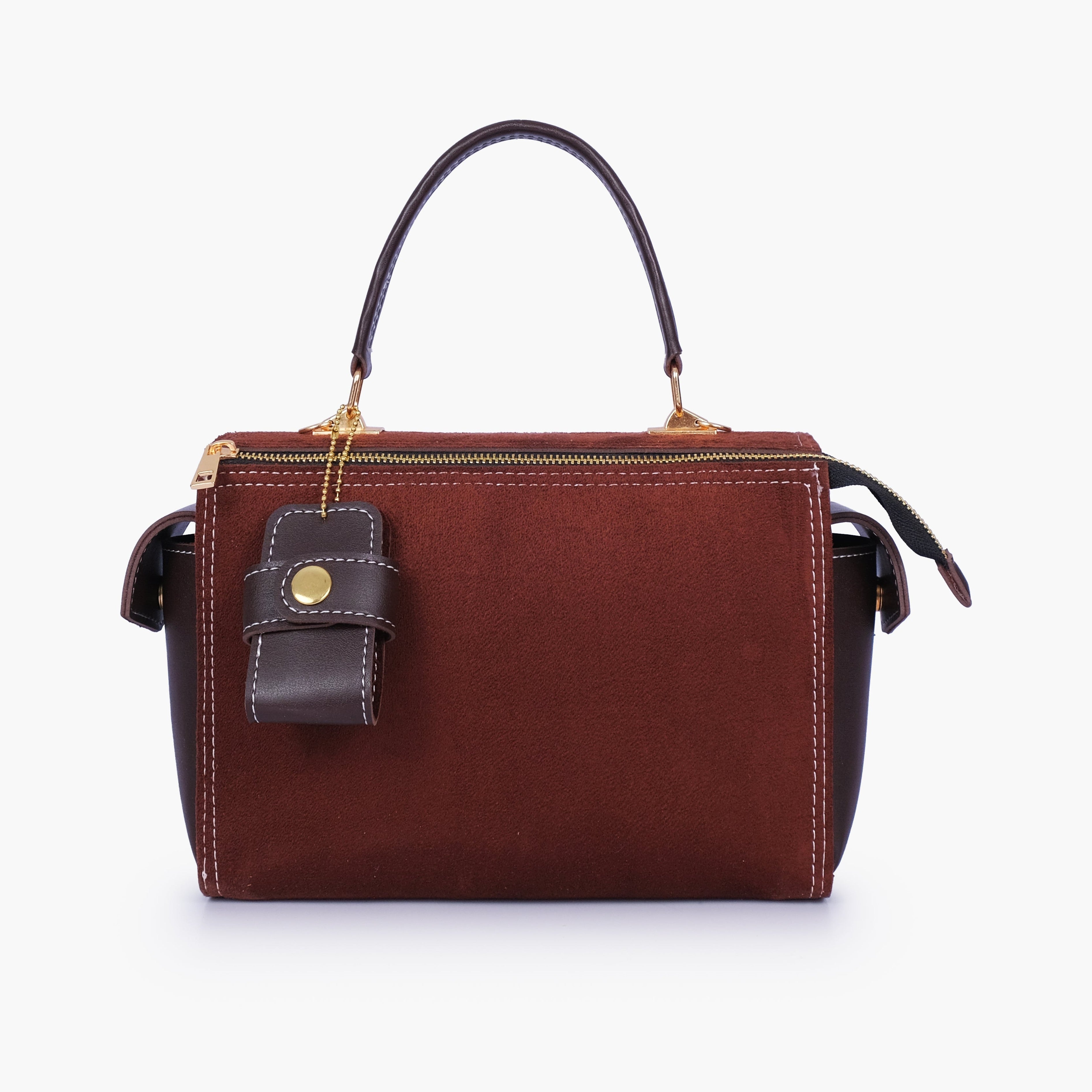 Dark brown suede bowling bag with top-handle