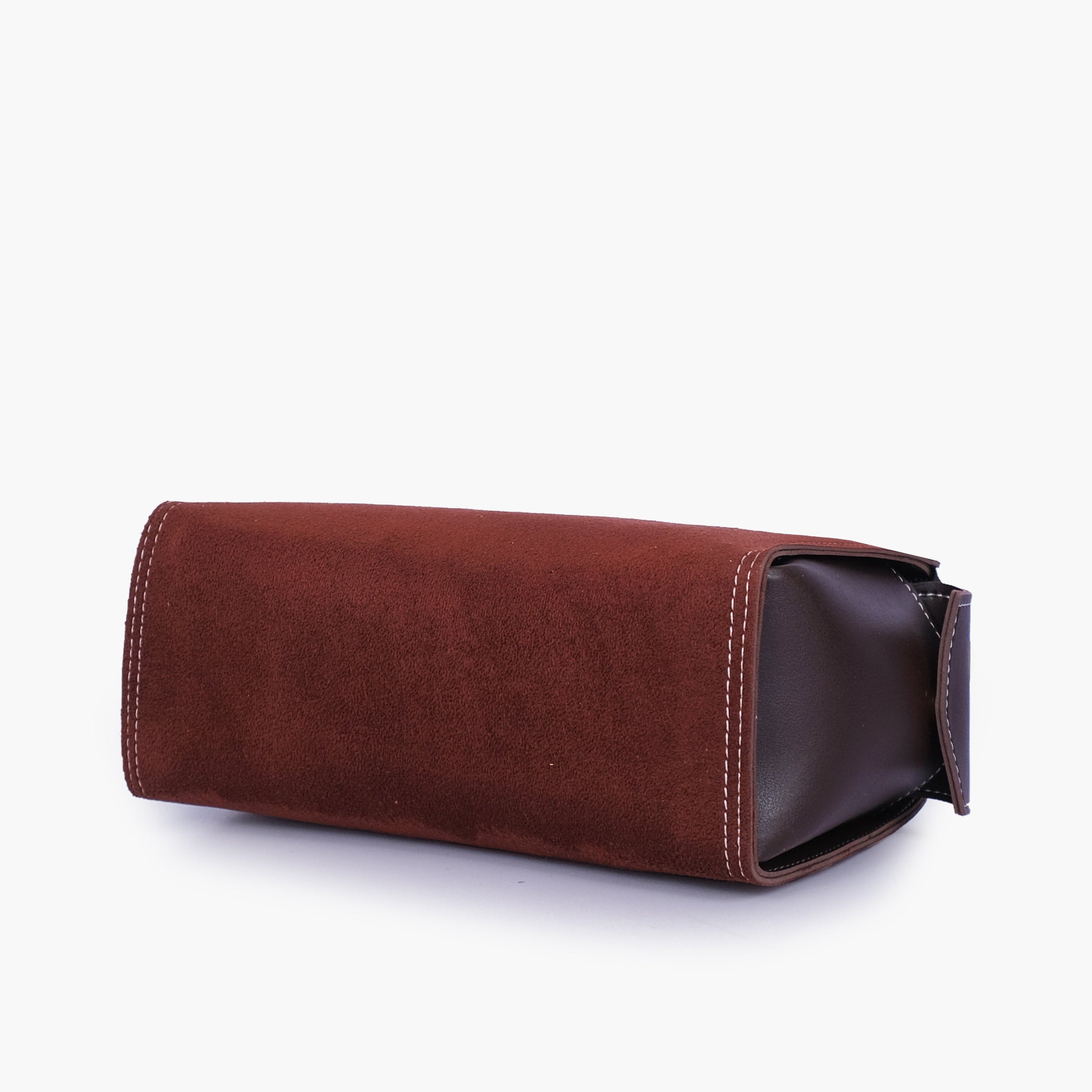 Dark brown suede bowling bag with top-handle