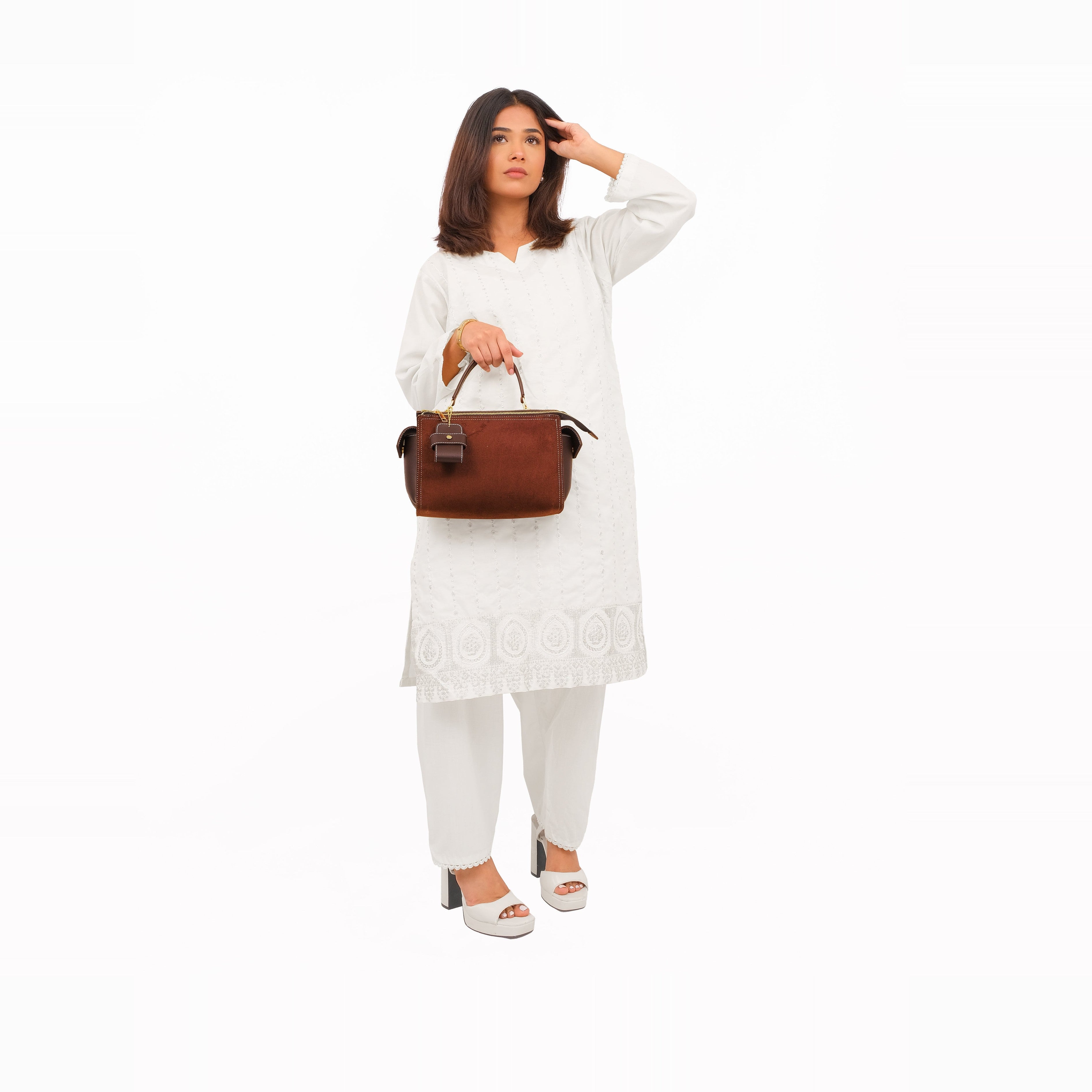 Dark brown suede bowling bag with top-handle