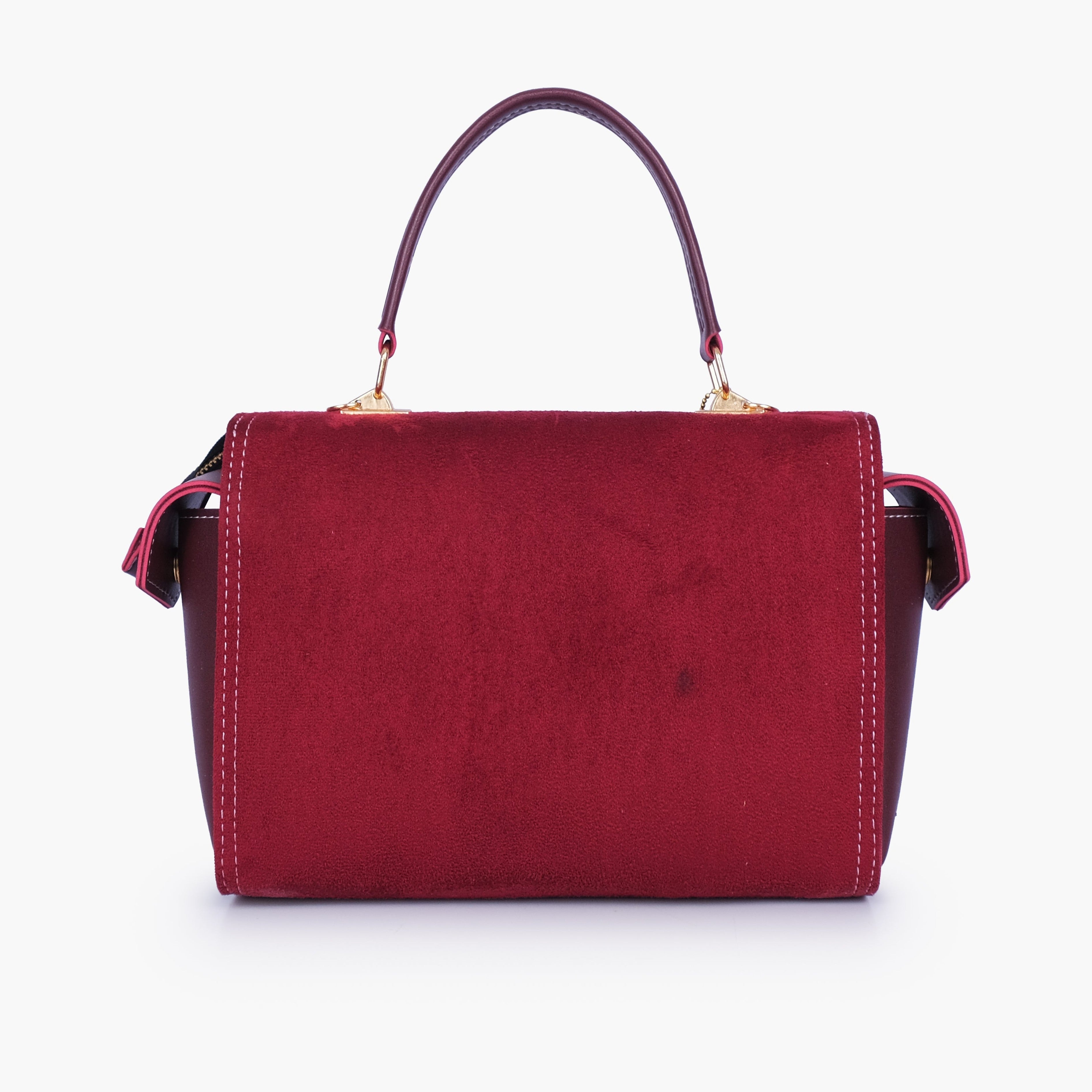Burgundy suede bowling bag with top-handle