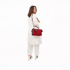 Burgundy suede bowling bag with top-handle