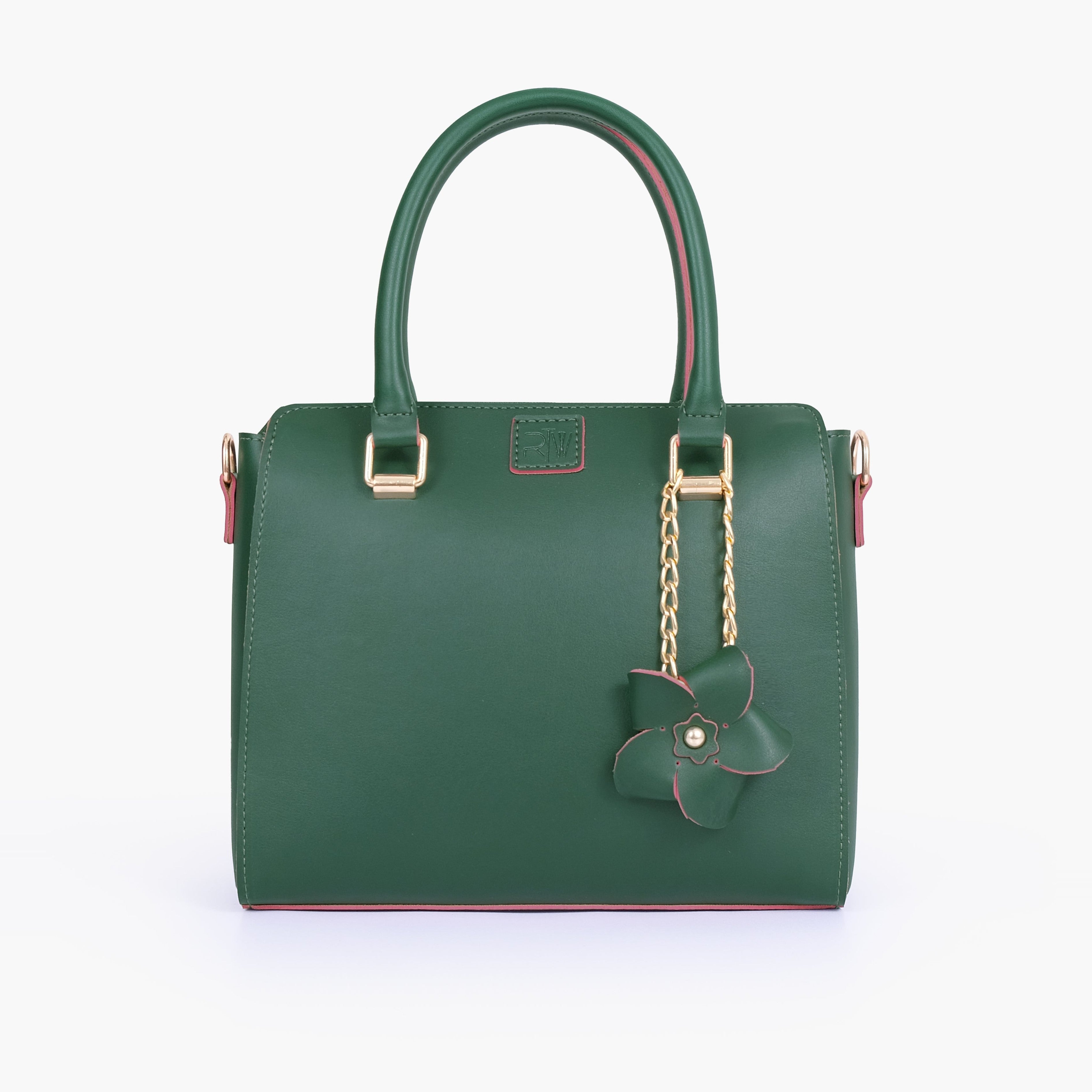 Army green handbag with flower charm