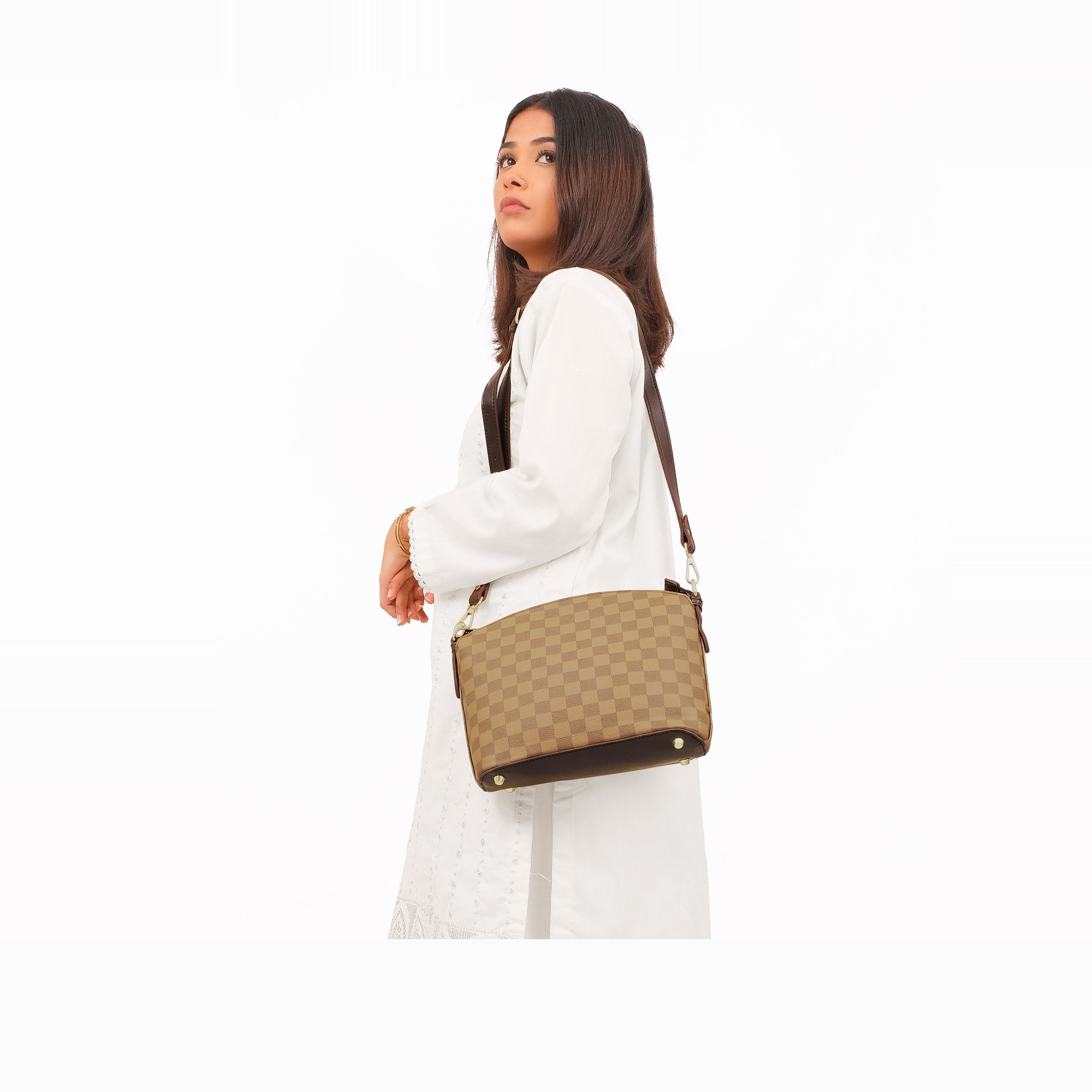 Brown checkered dome cross-body bag