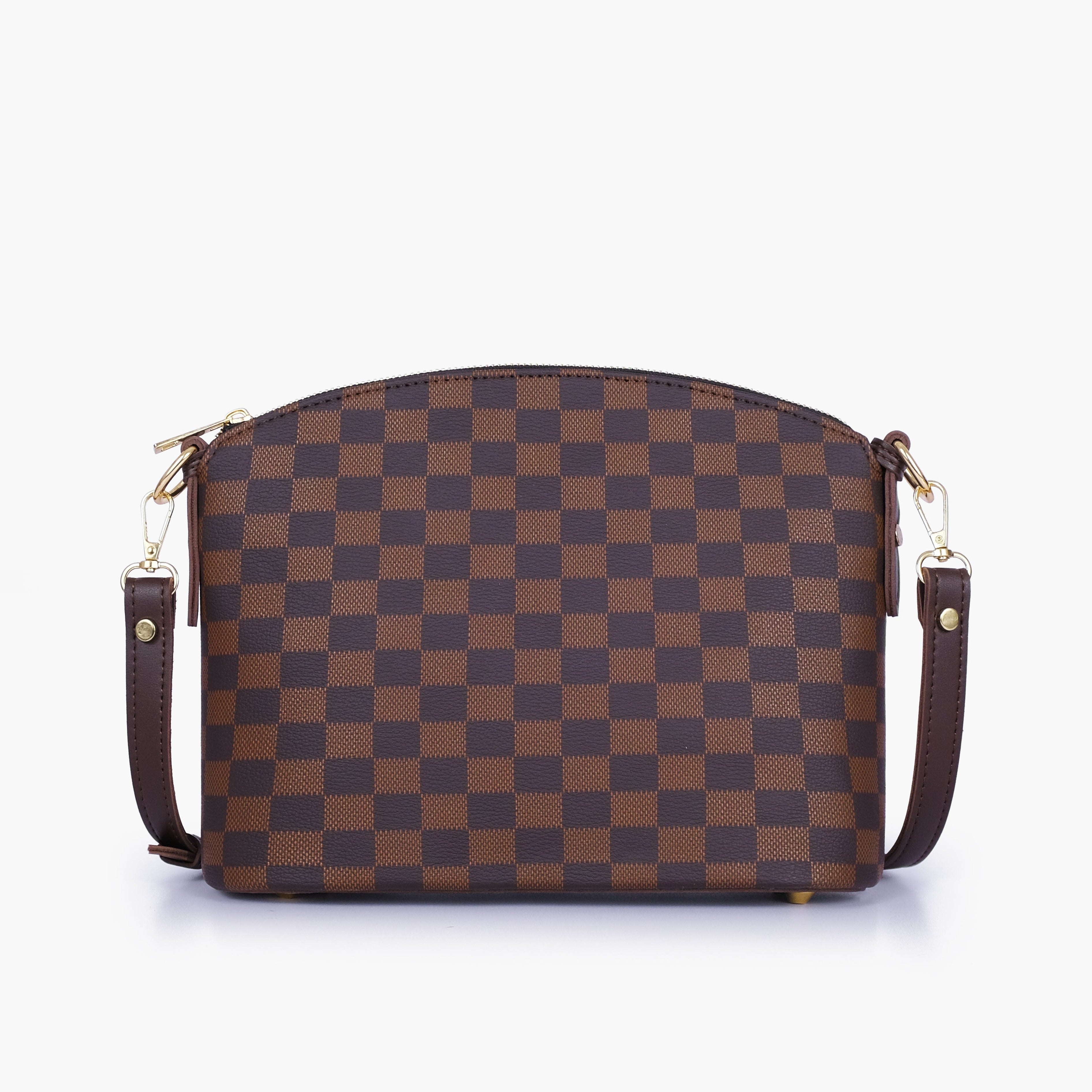 Dark brown checkered dome cross-body bag