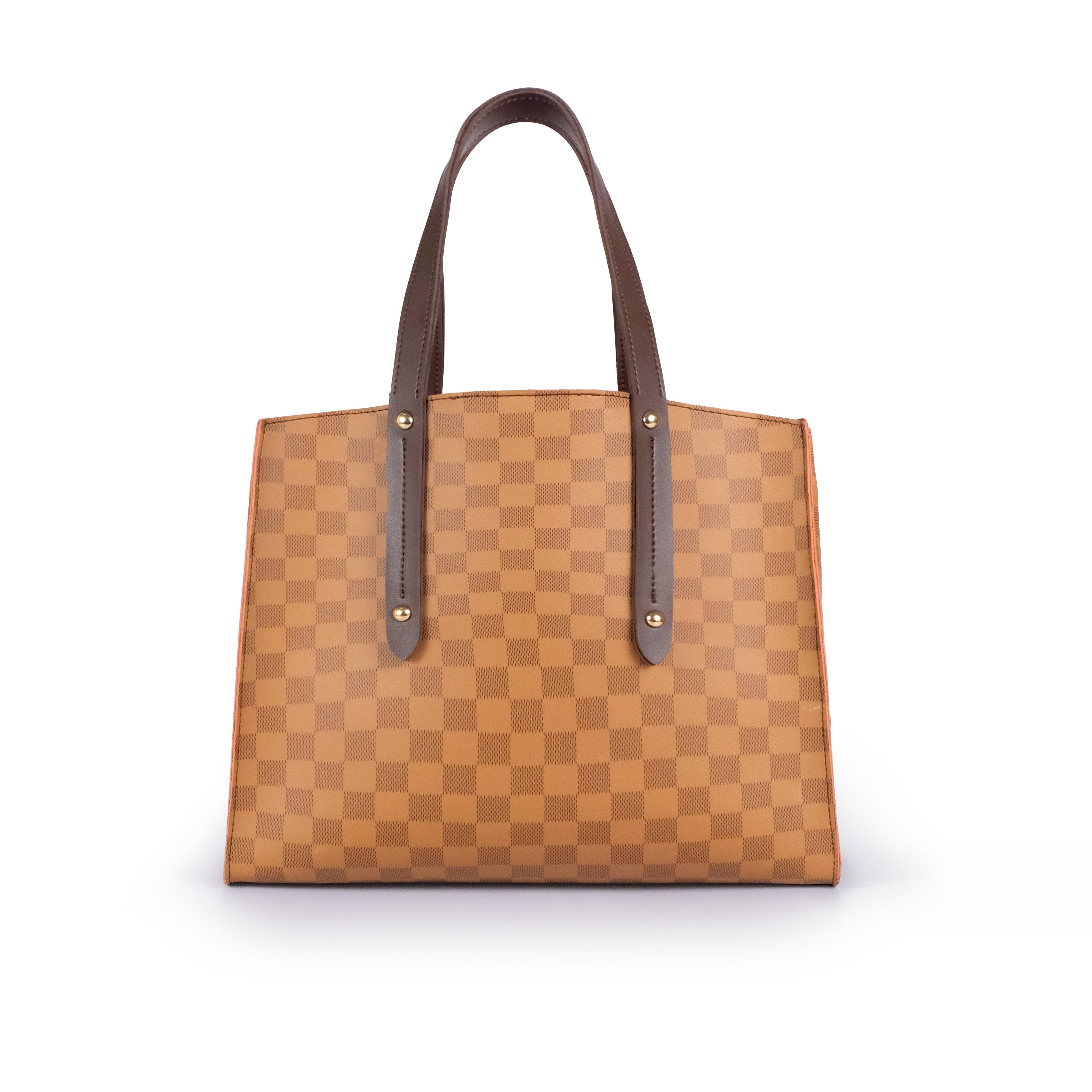 Brown checkered multi compartment satchel bag
