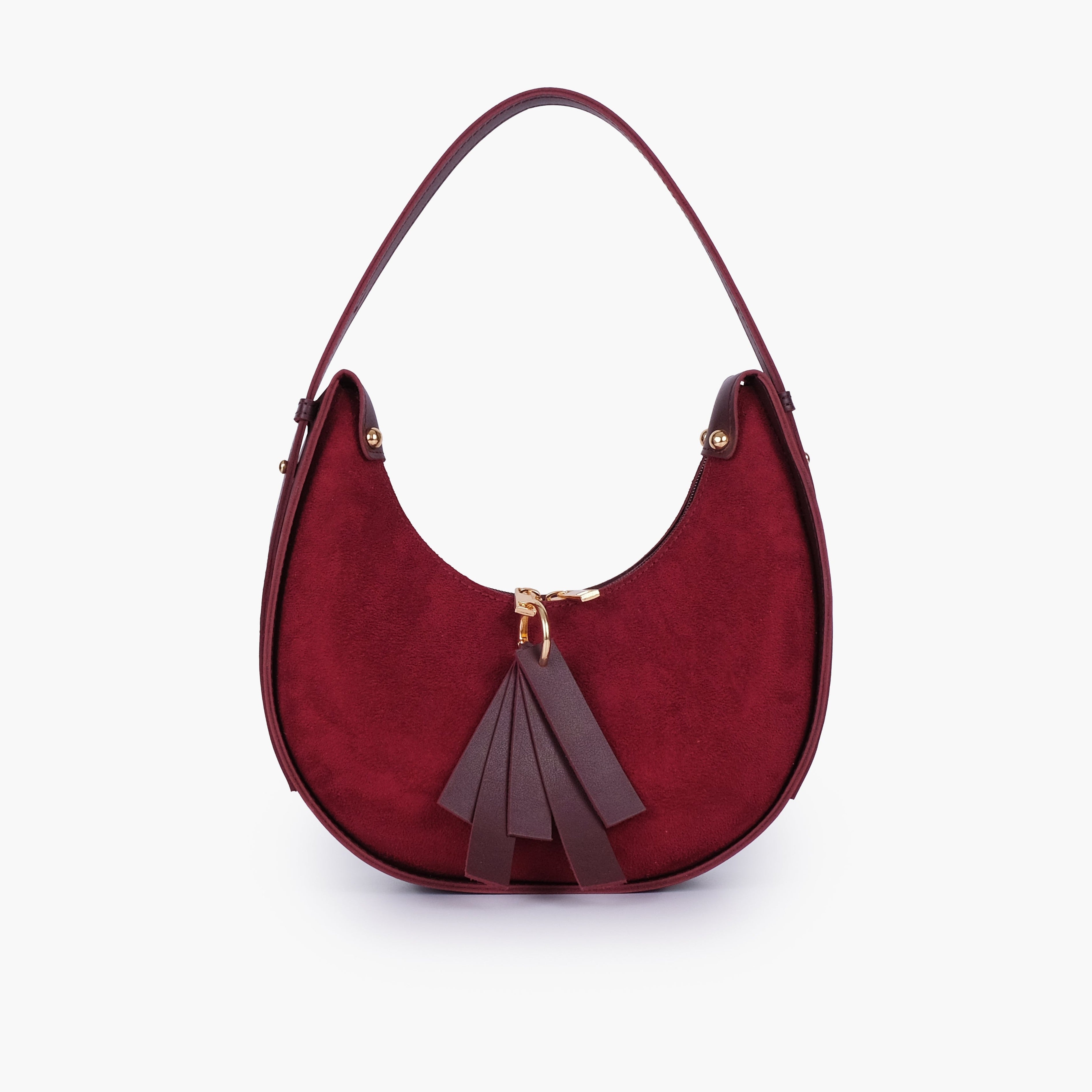 Burgundy suede crescent hobo bag