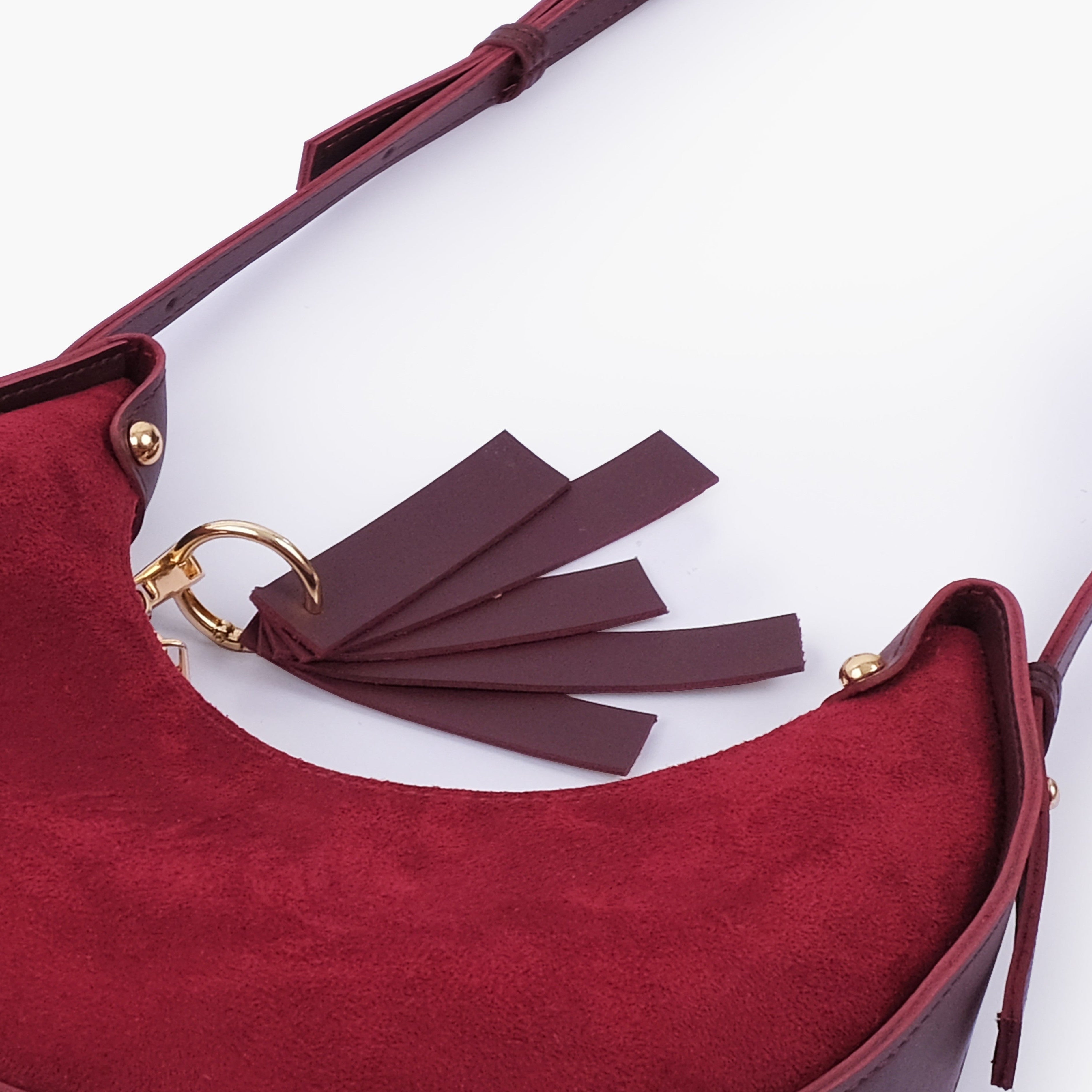 Burgundy suede crescent hobo bag
