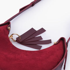 Burgundy suede crescent hobo bag