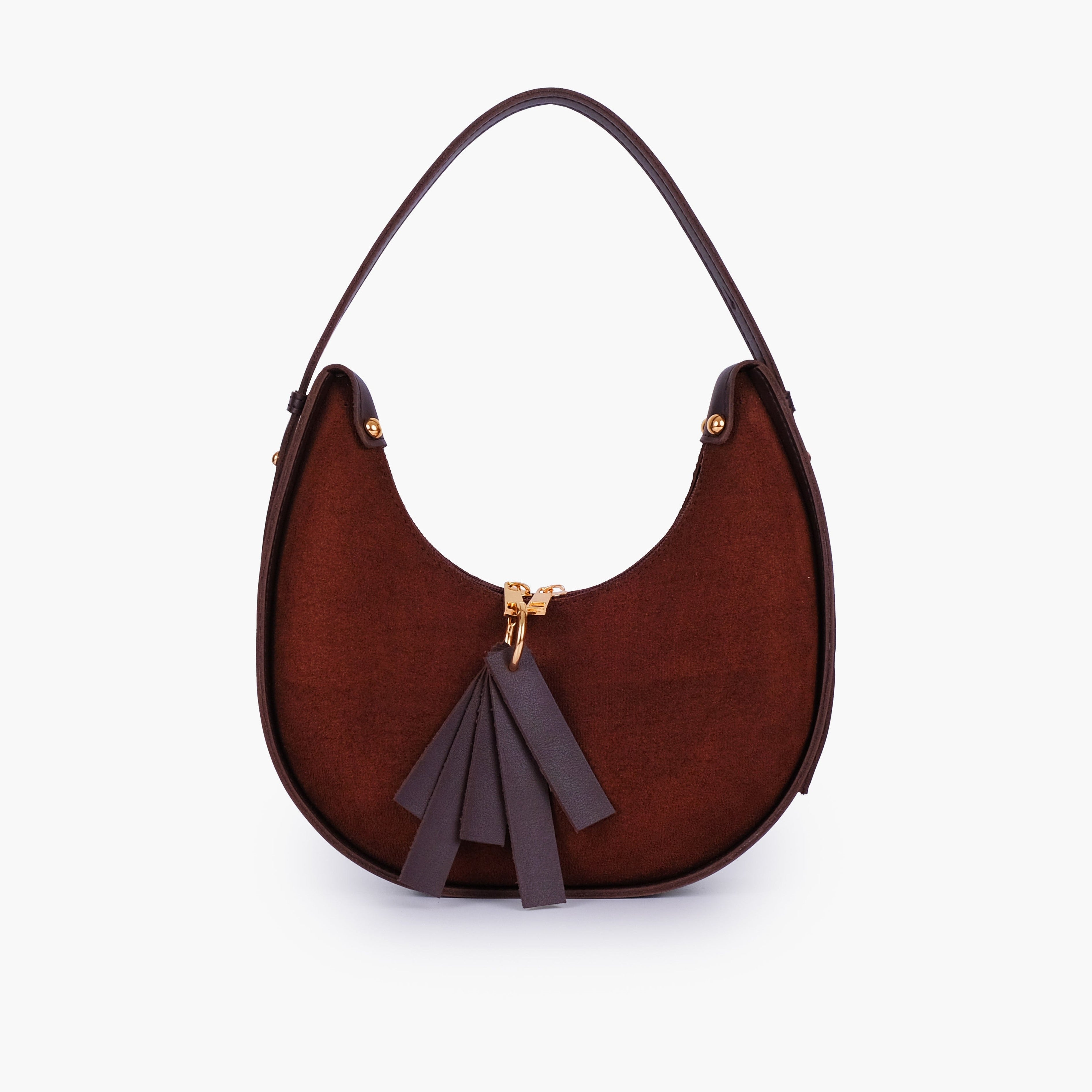 Dark brown suede crescent hobo bag