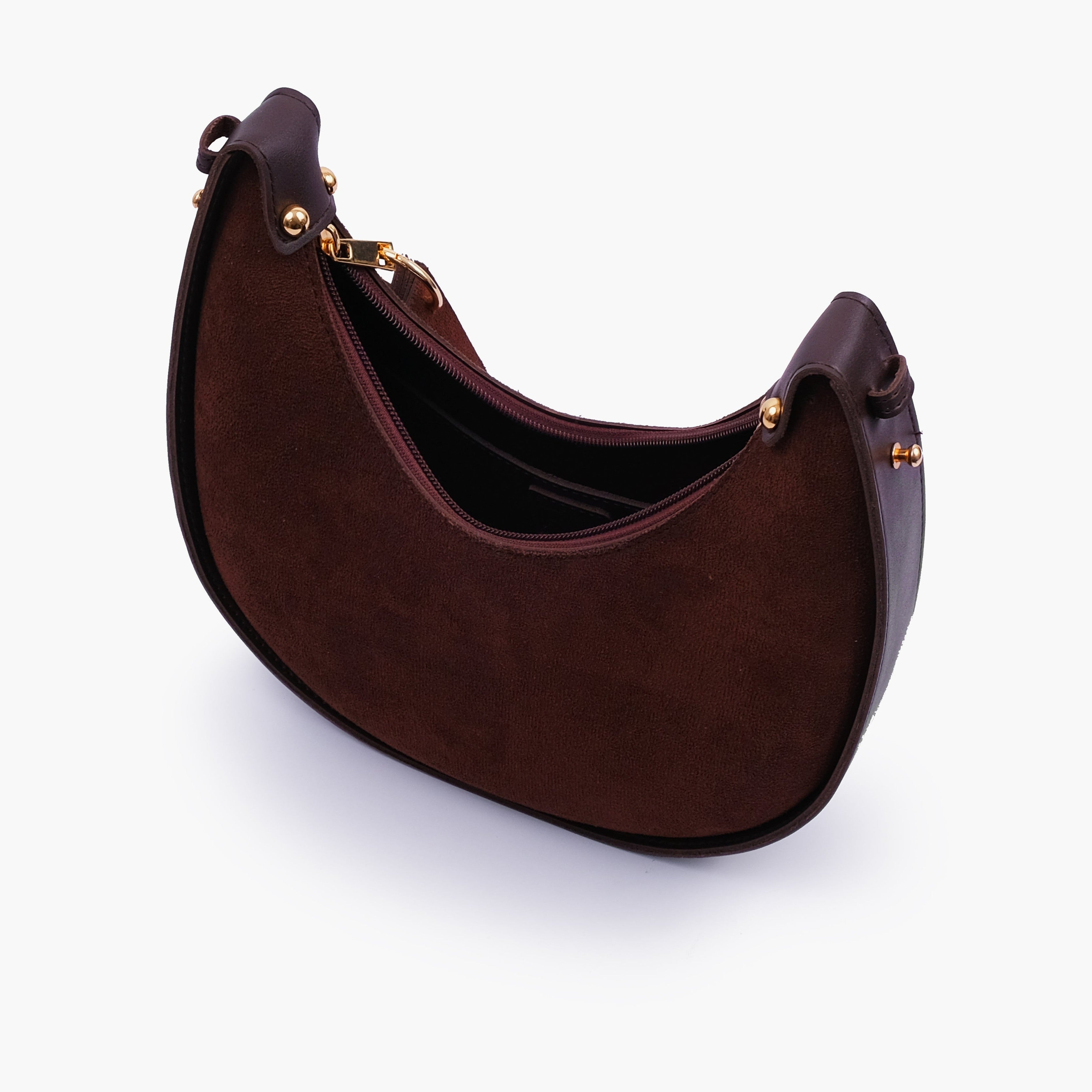 Dark brown suede crescent hobo bag