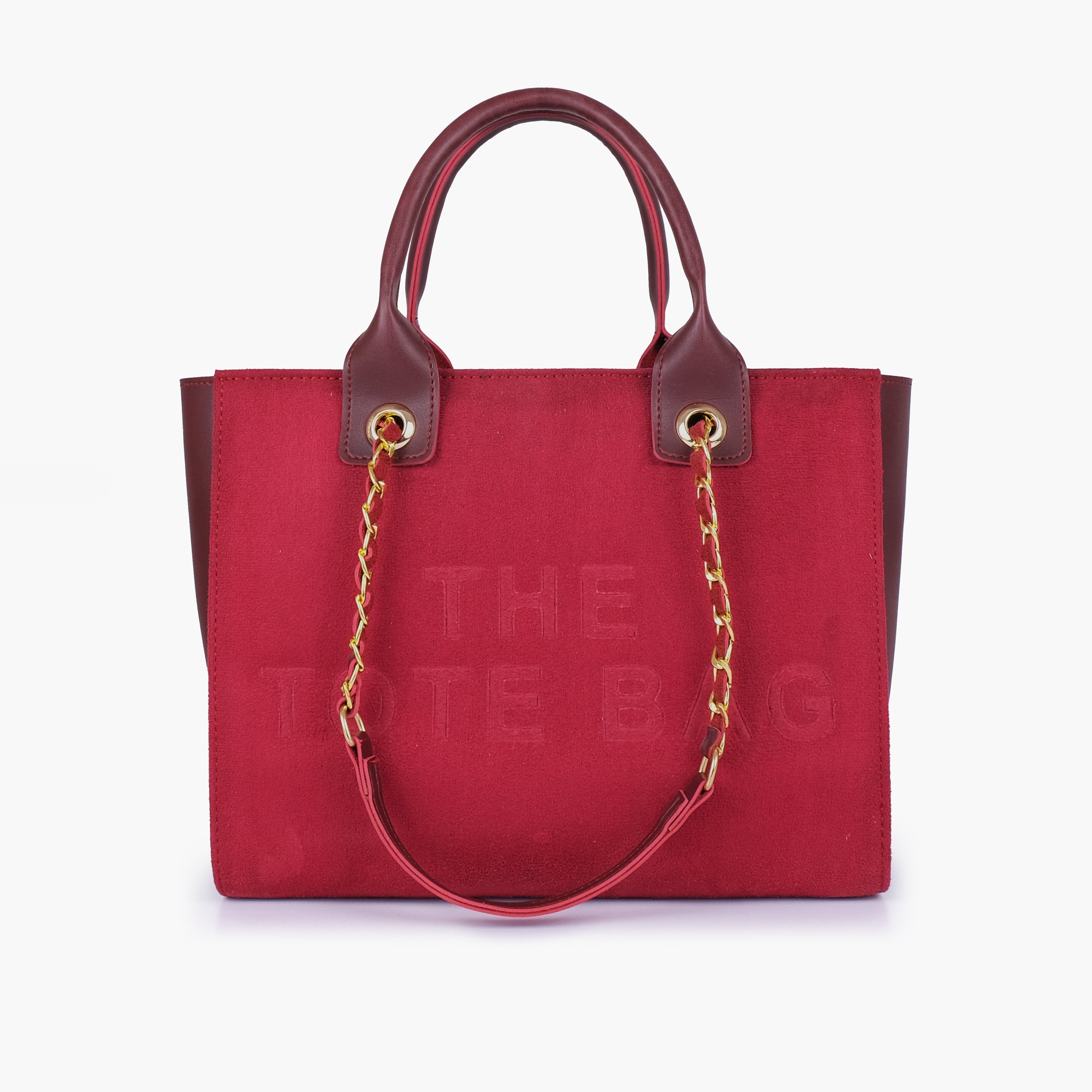 Burgundy suede chain handle tote