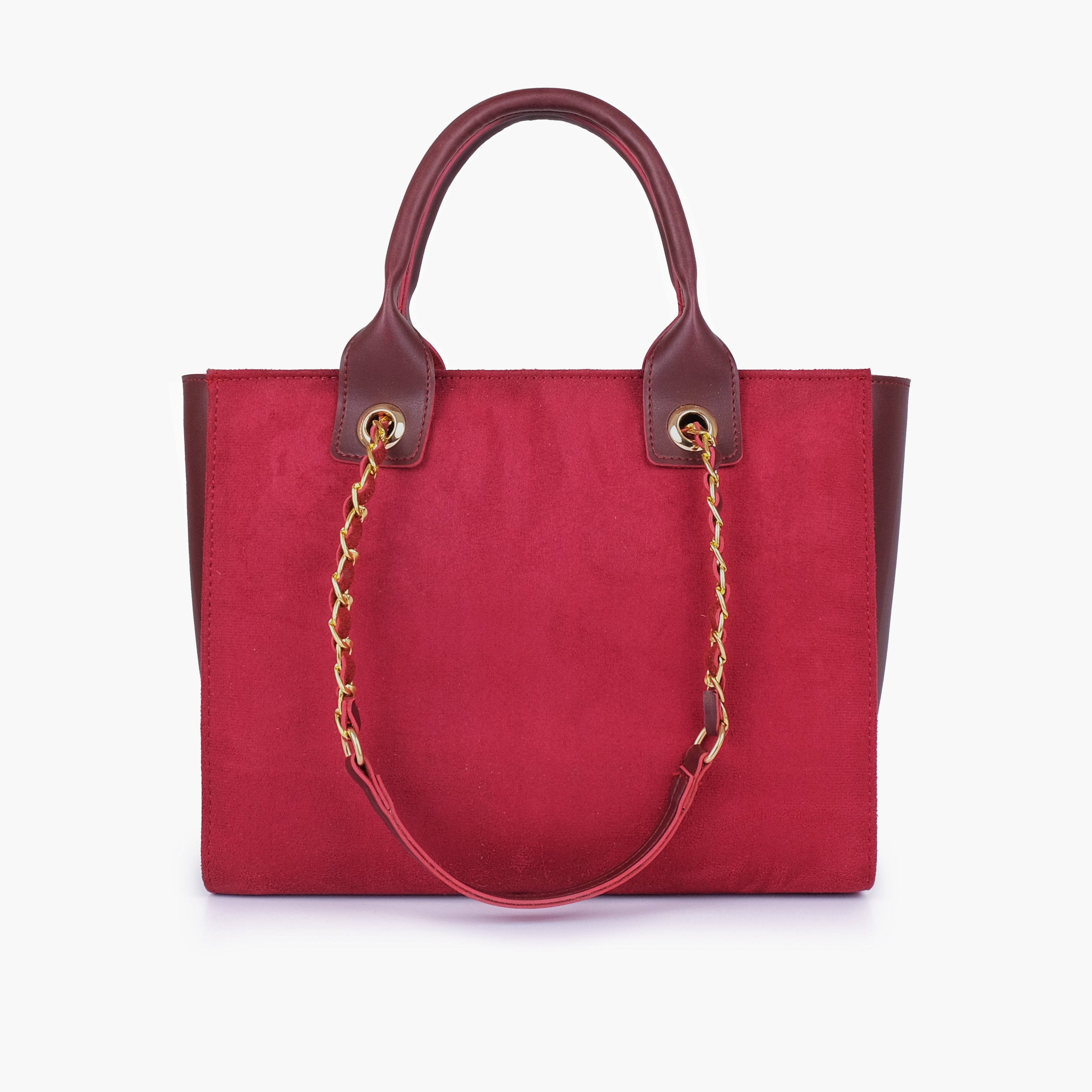 Burgundy suede chain handle tote