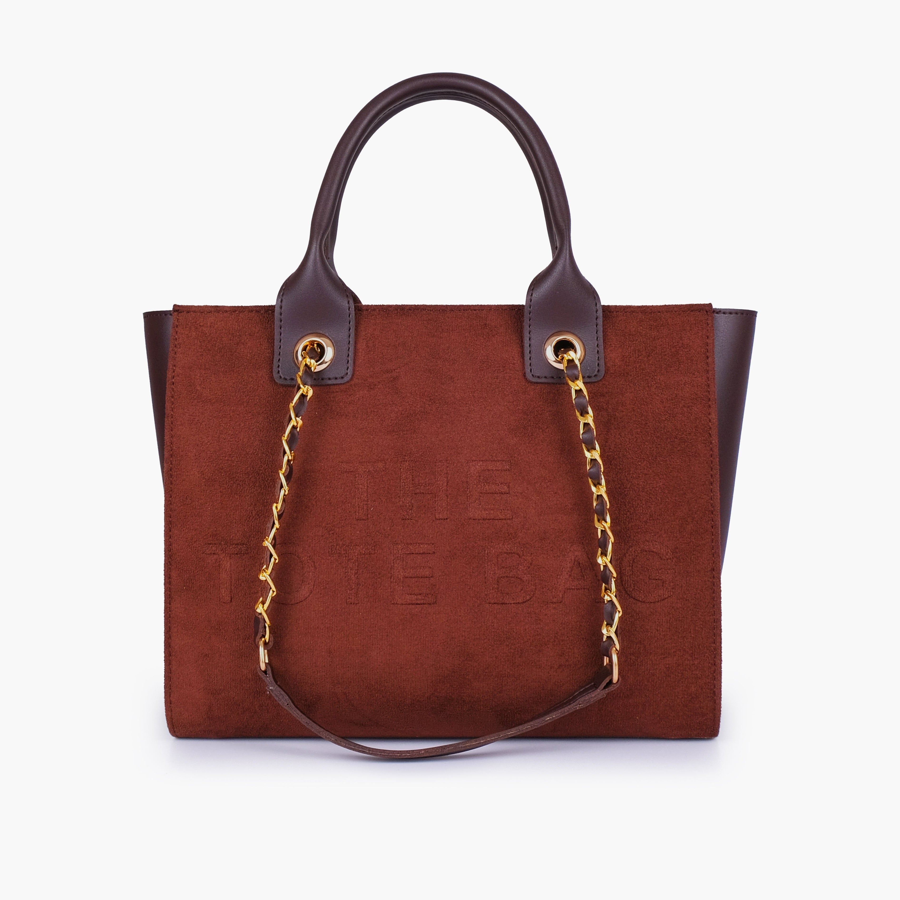 Dark brown suede chain handle tote