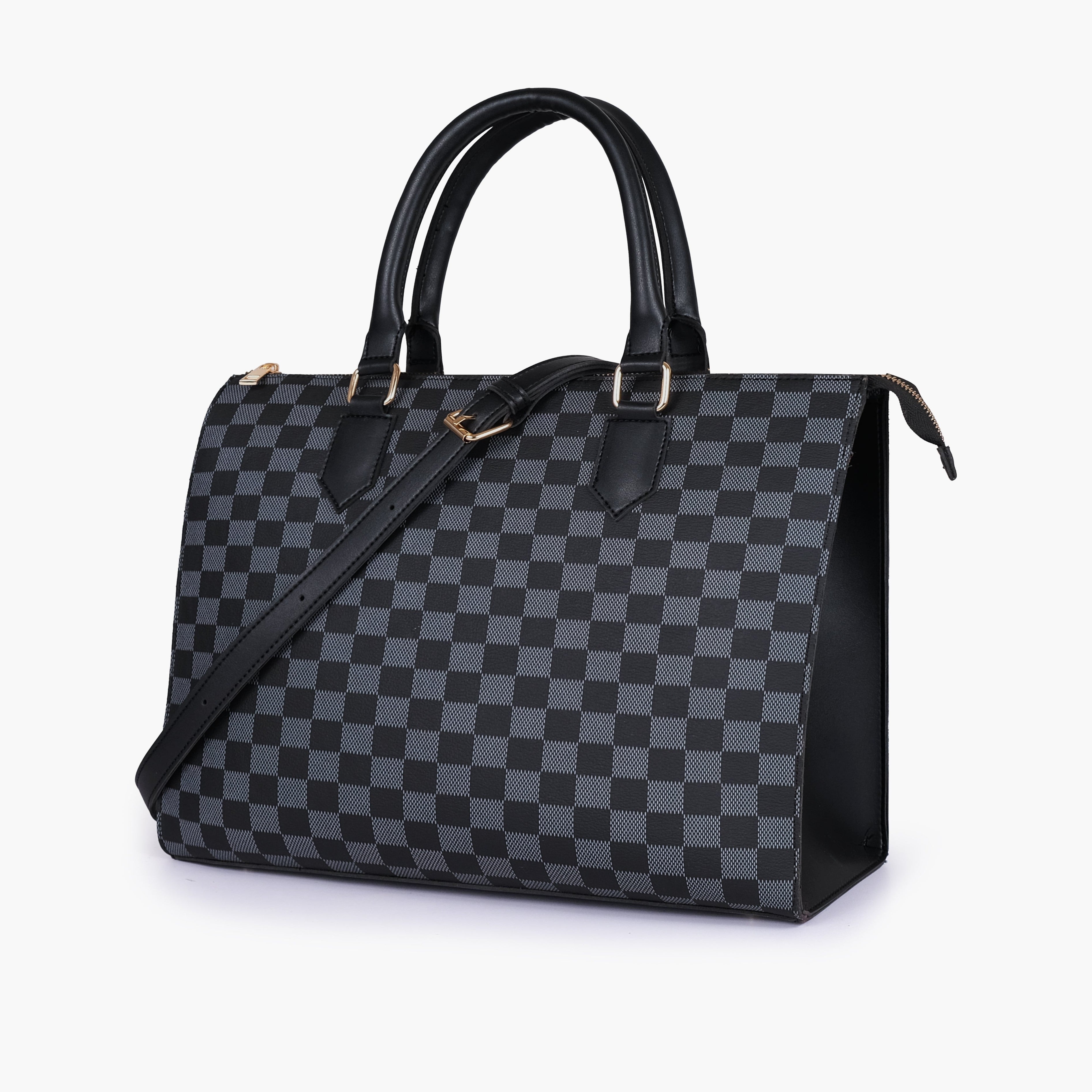 Black checkered on-the-go handbag