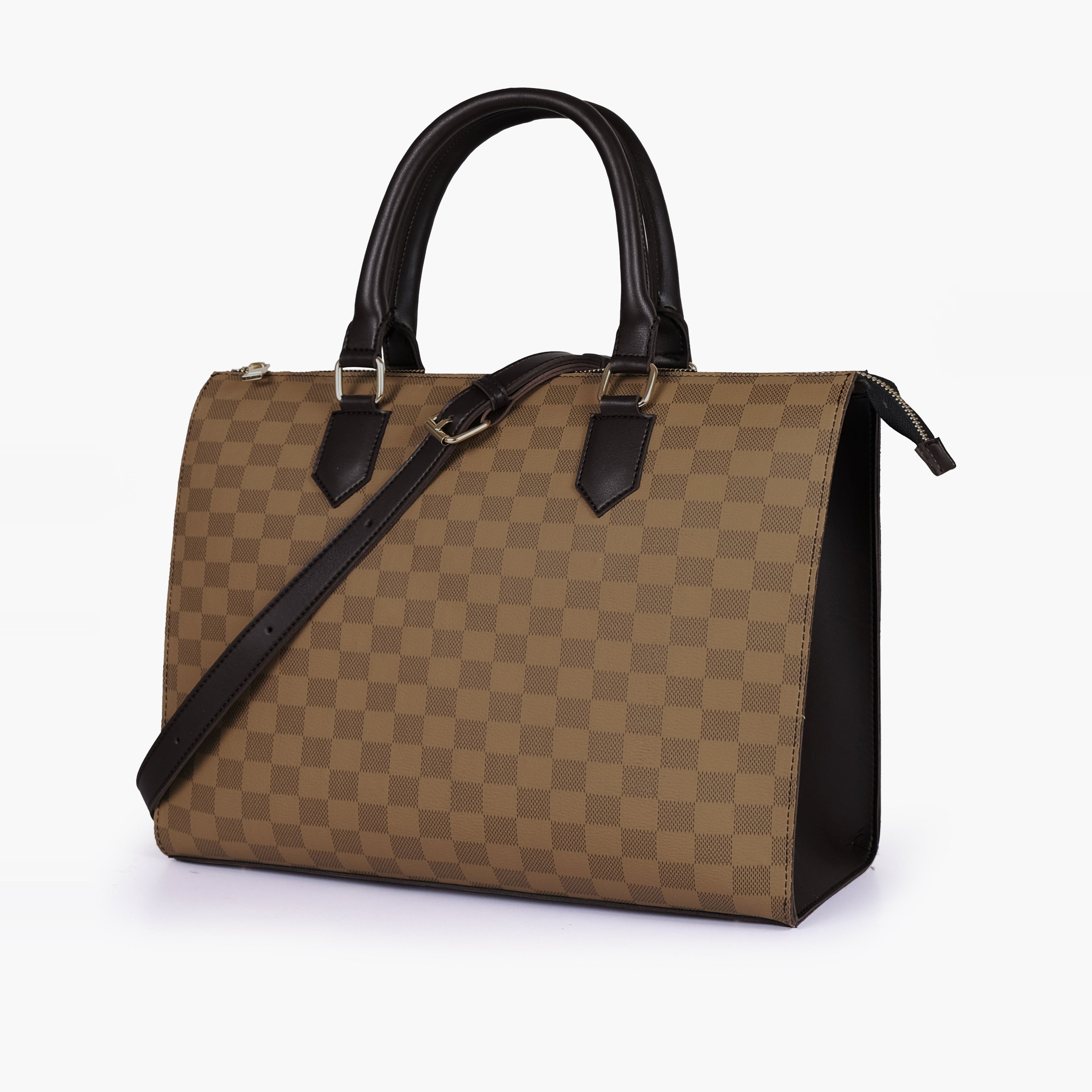 Brown checkered on-the-go handbag