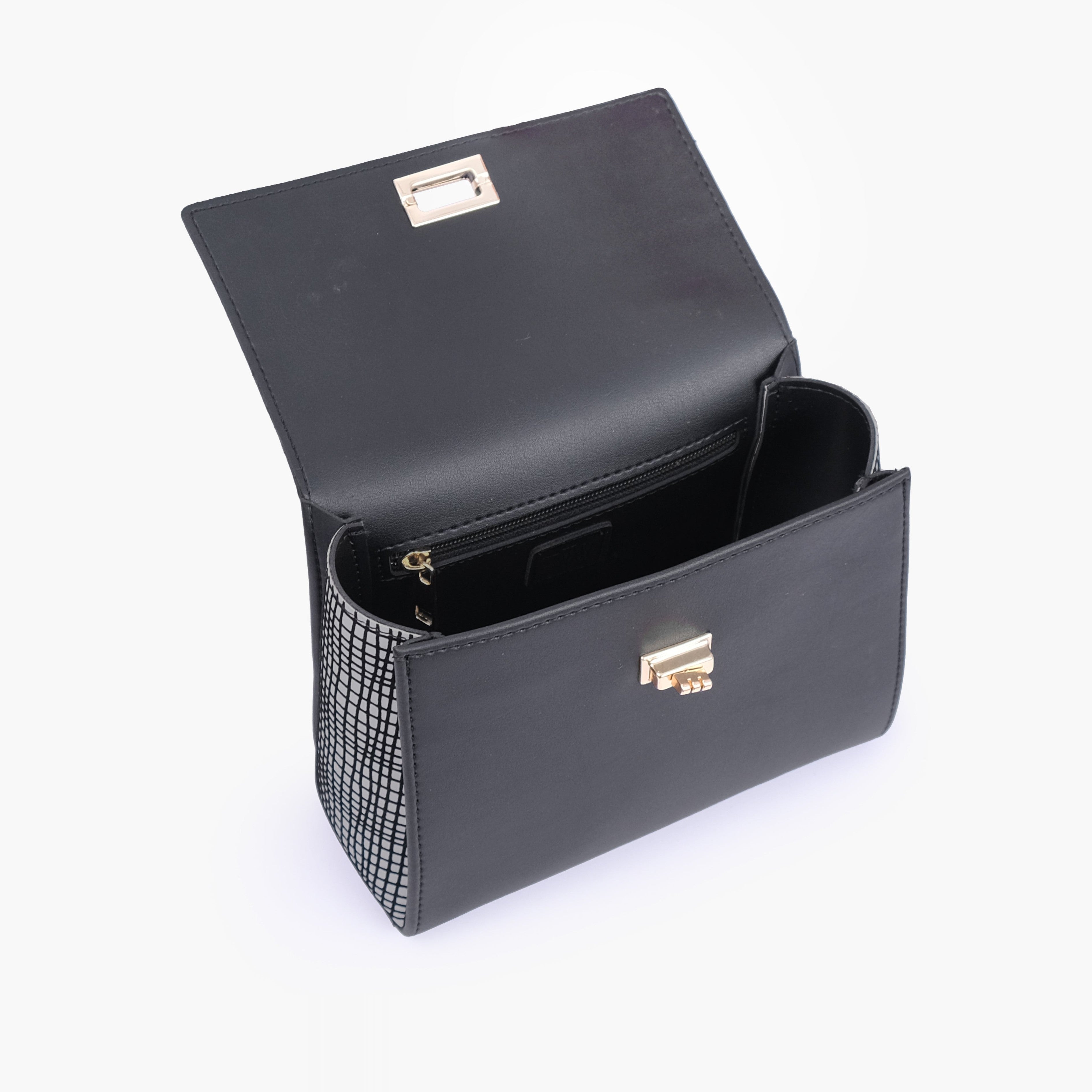 Black and white criss-cross top-handle bag