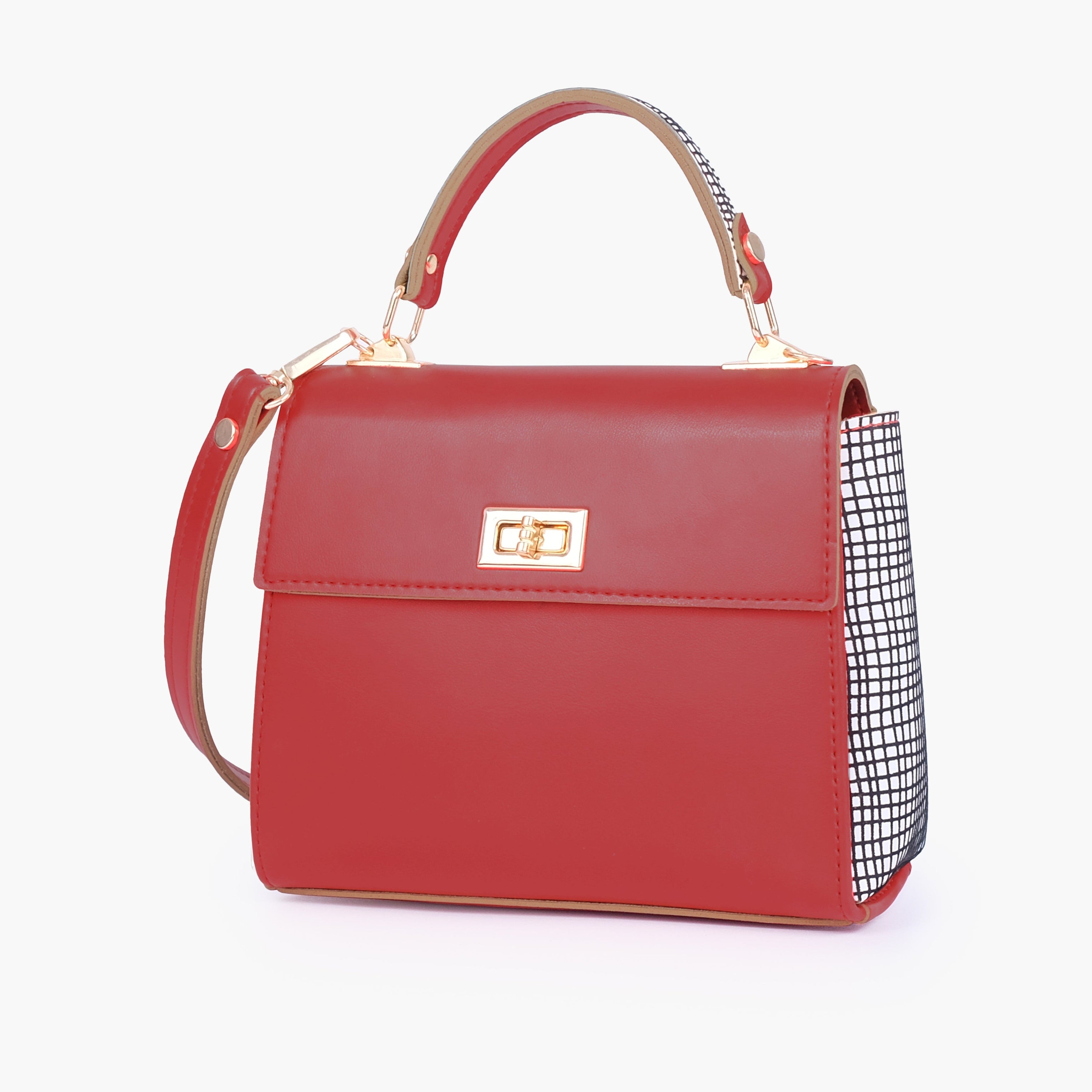 Red criss-cross top-handle bag