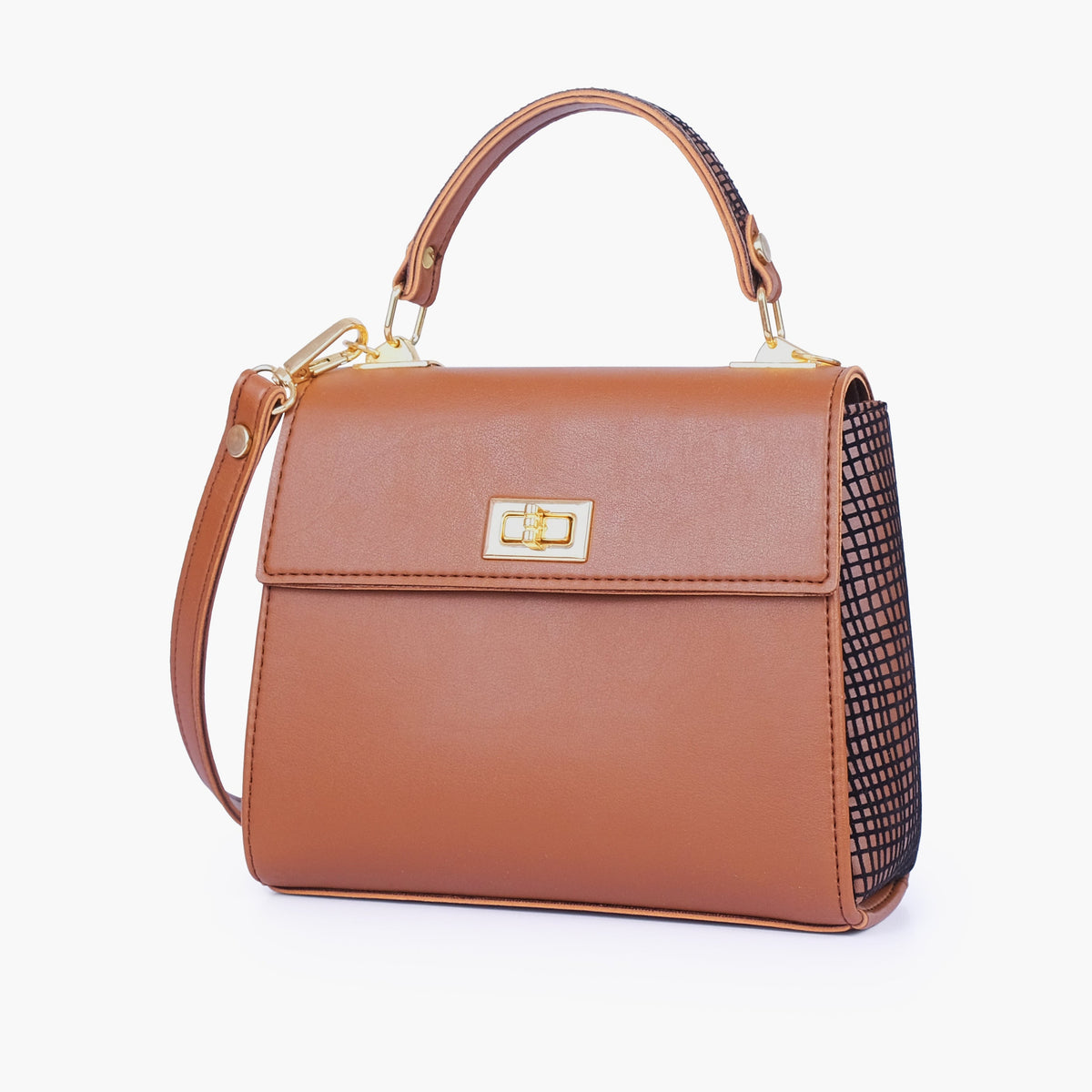 Brown criss-cross top-handle bag