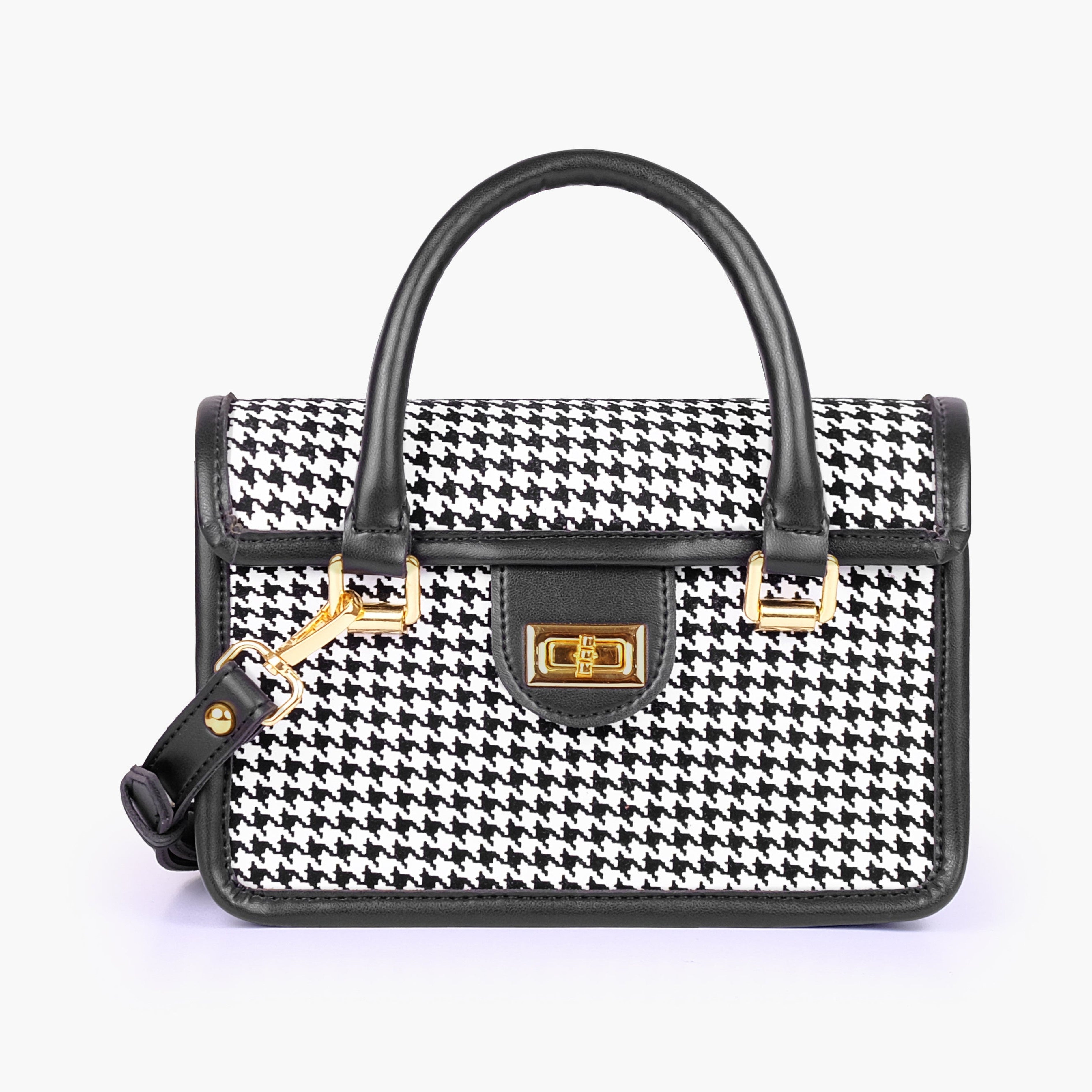 Black and white houndstooth cross-body with flap