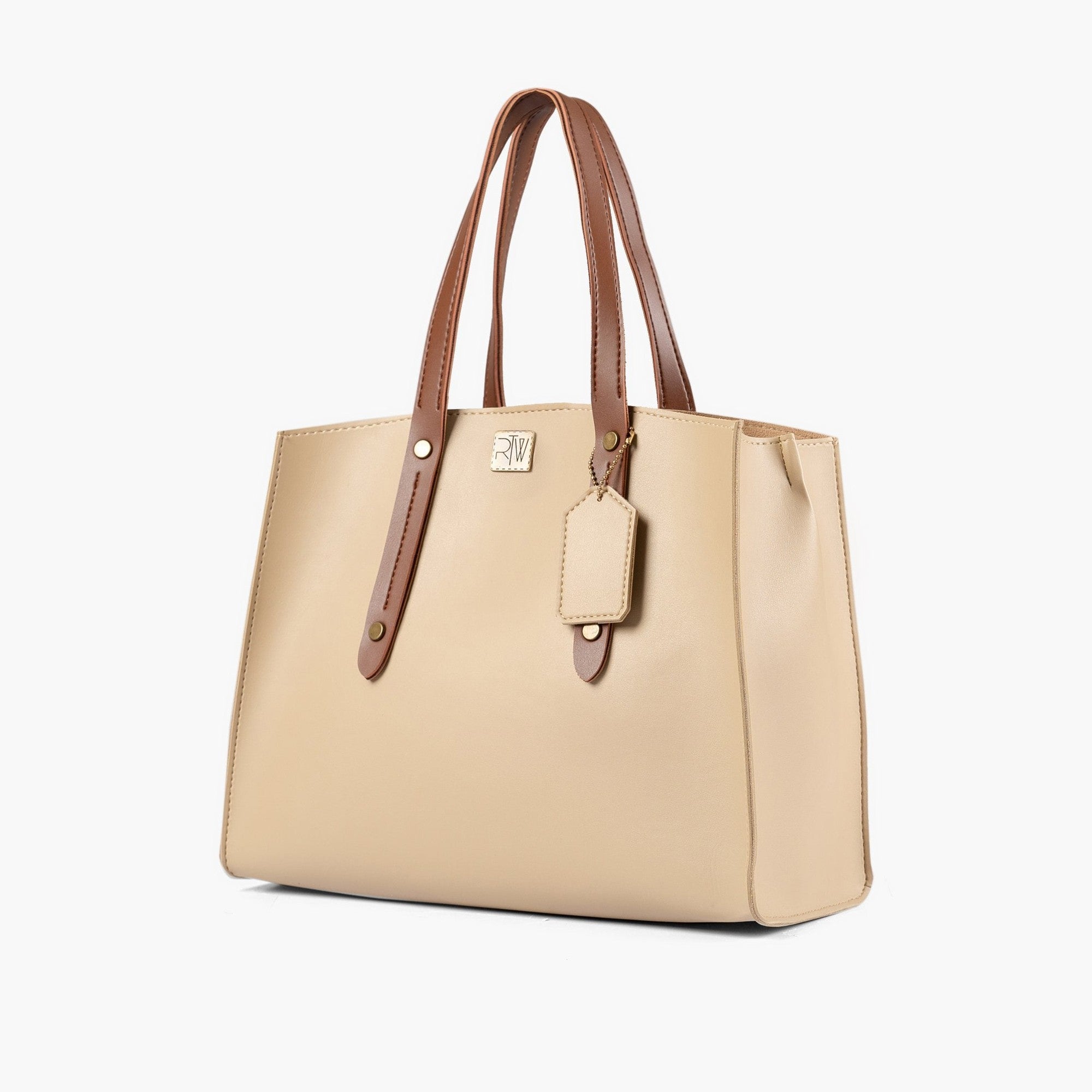 Off-white with brown multi compartment satchel bag