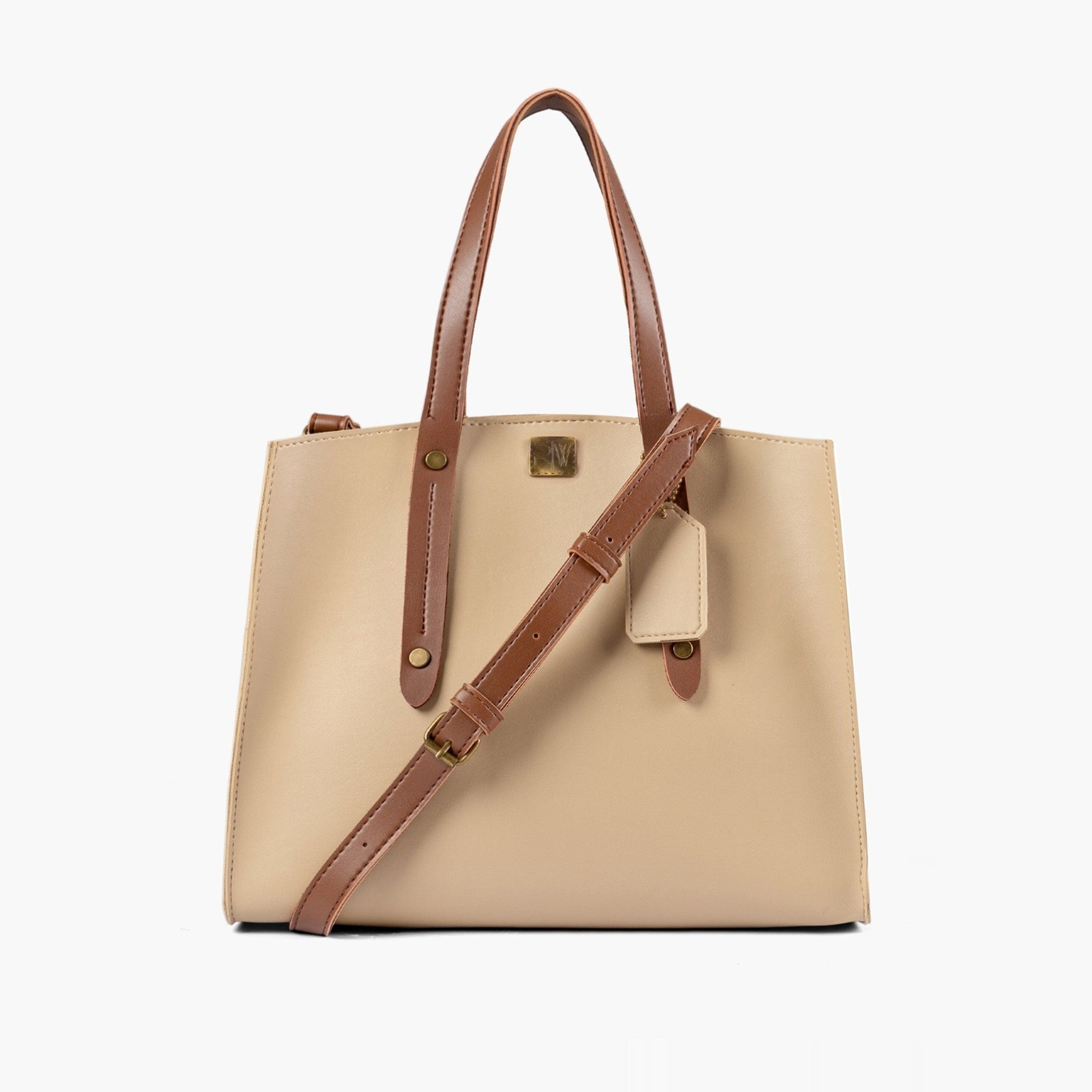 Off-white with brown multi compartment satchel bag