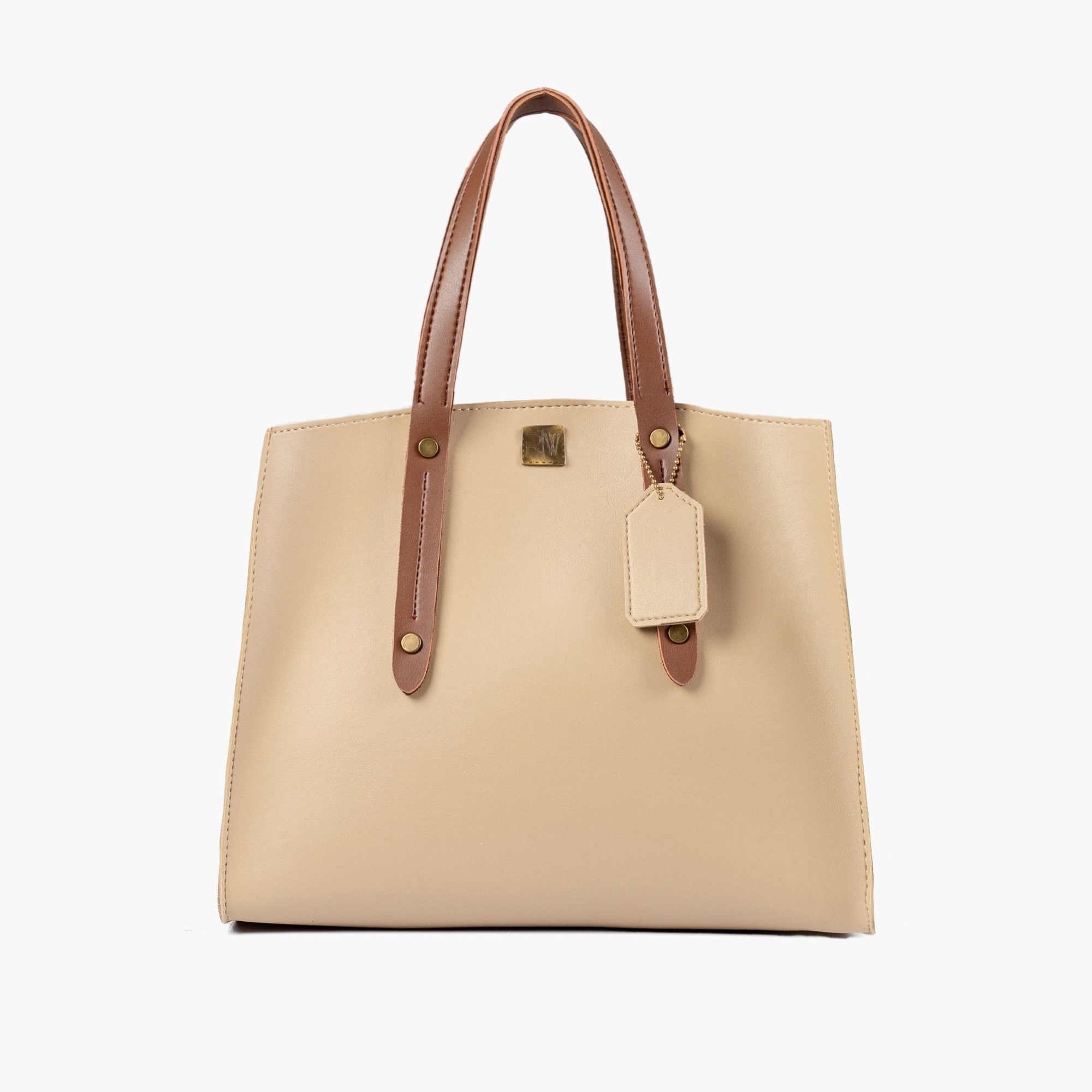 Off-white with brown multi compartment satchel bag