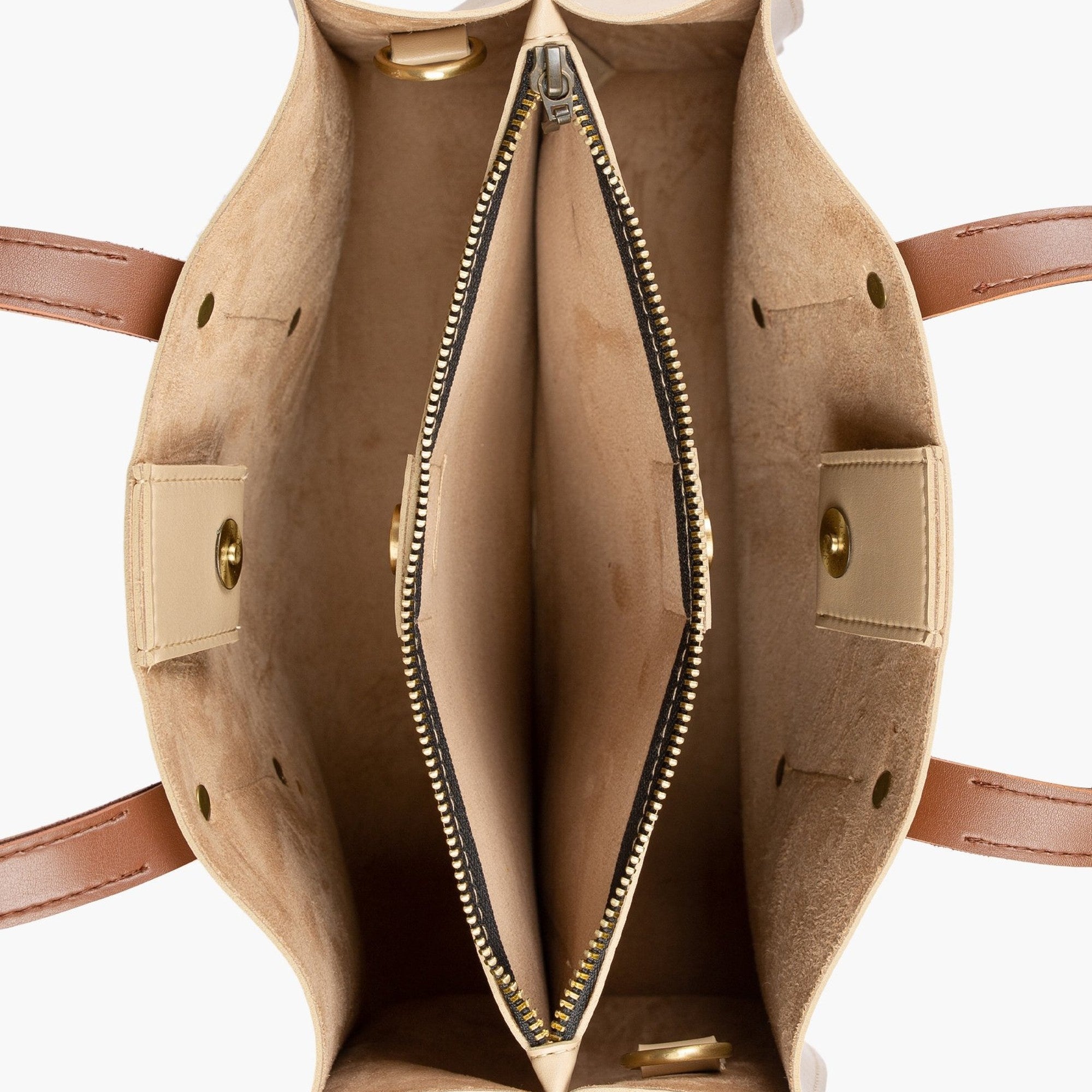 Off-white with brown multi compartment satchel bag