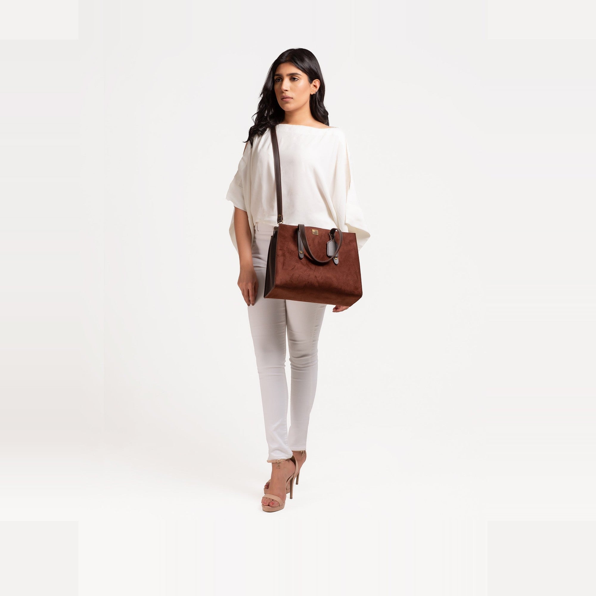 Dark brown suede multi compartment satchel bag