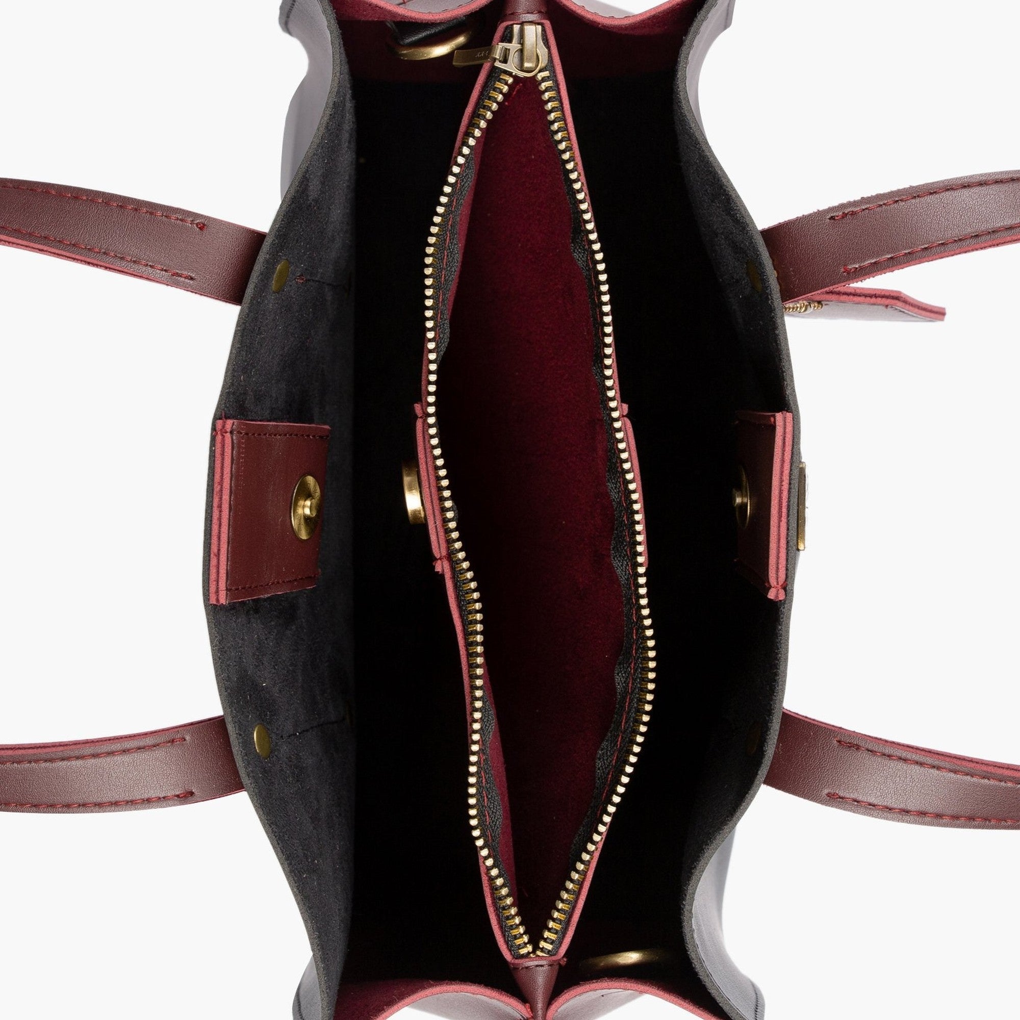 Black with burgundy multi compartment satchel bag
