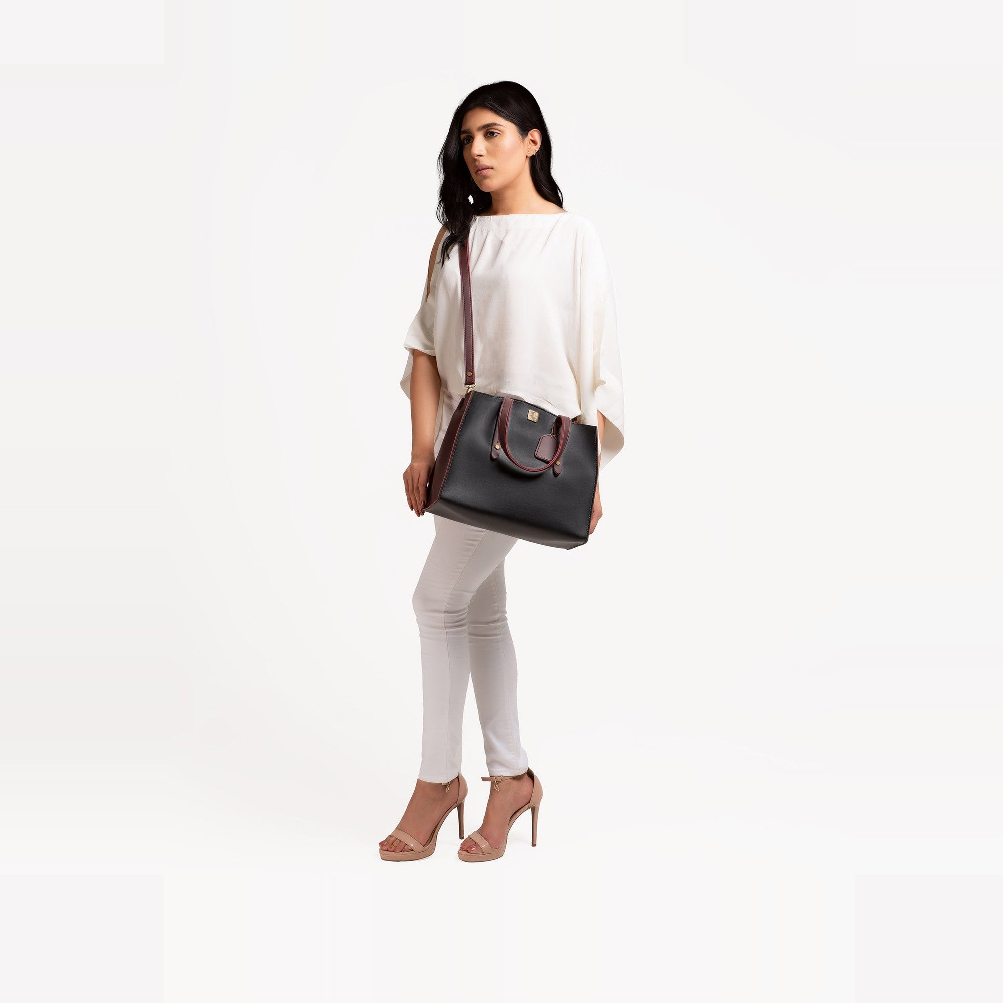 Black with burgundy multi compartment satchel bag