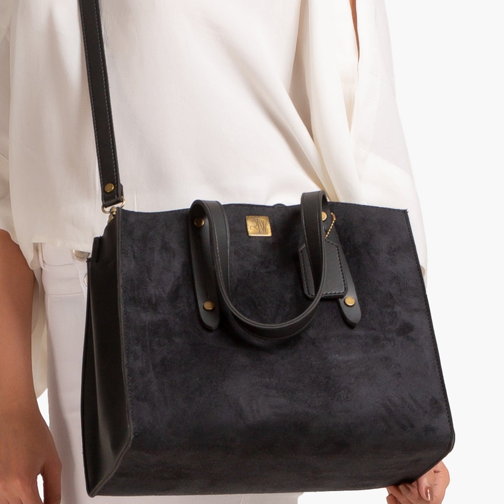 Black suede multi compartment satchel bag