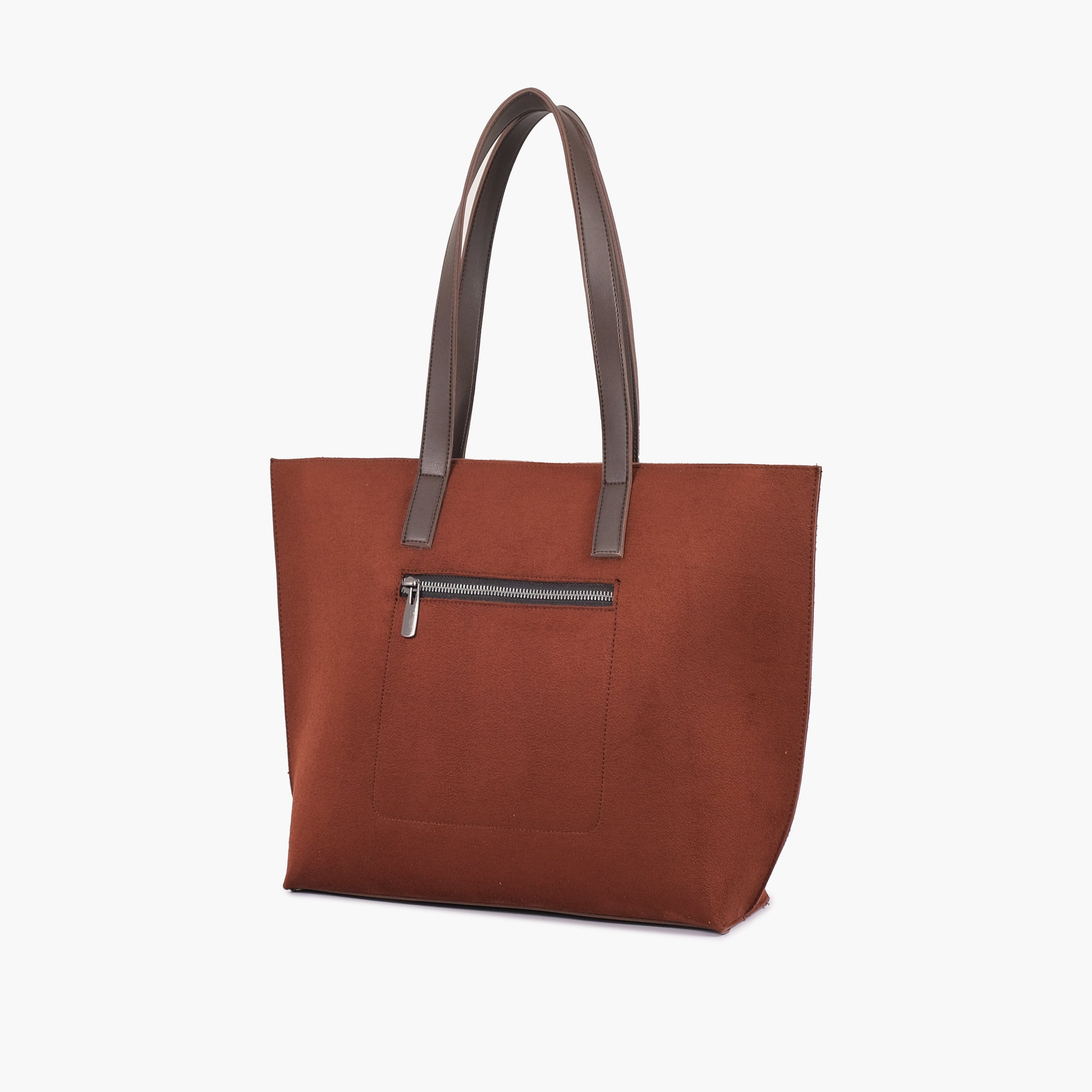 Dark brown suede long handle tote bag