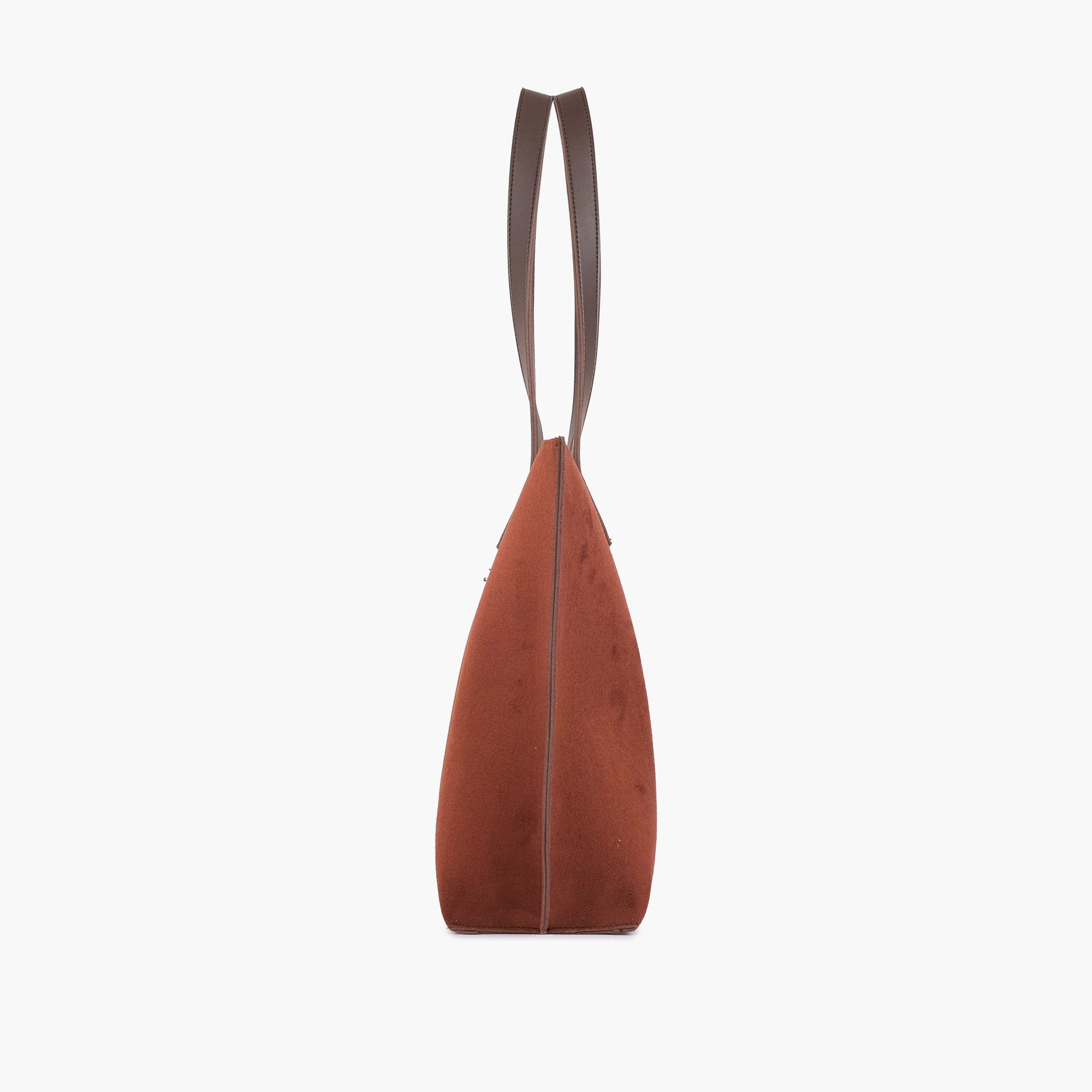 Dark brown suede long handle tote bag