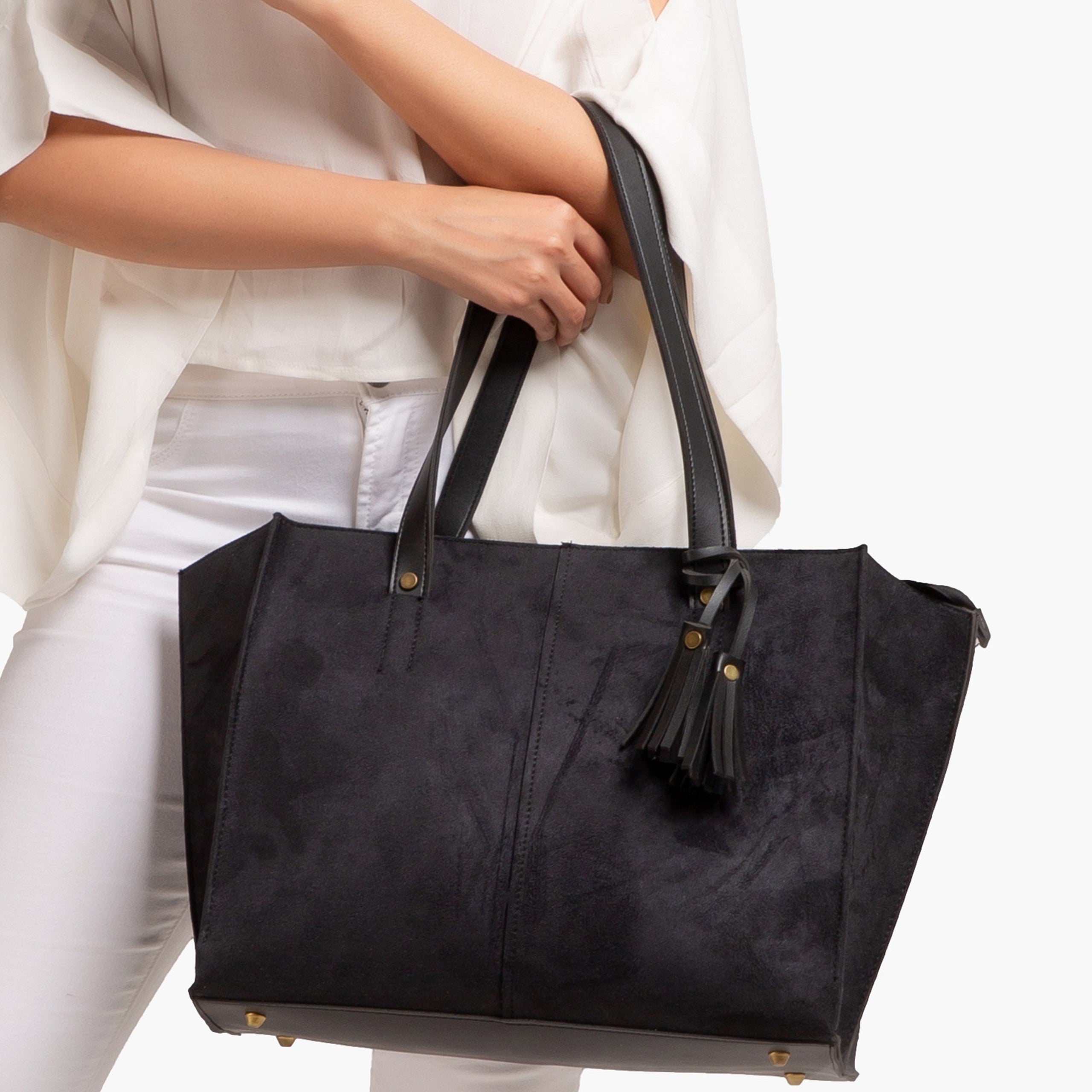 Black suede over the shoulder tote bag