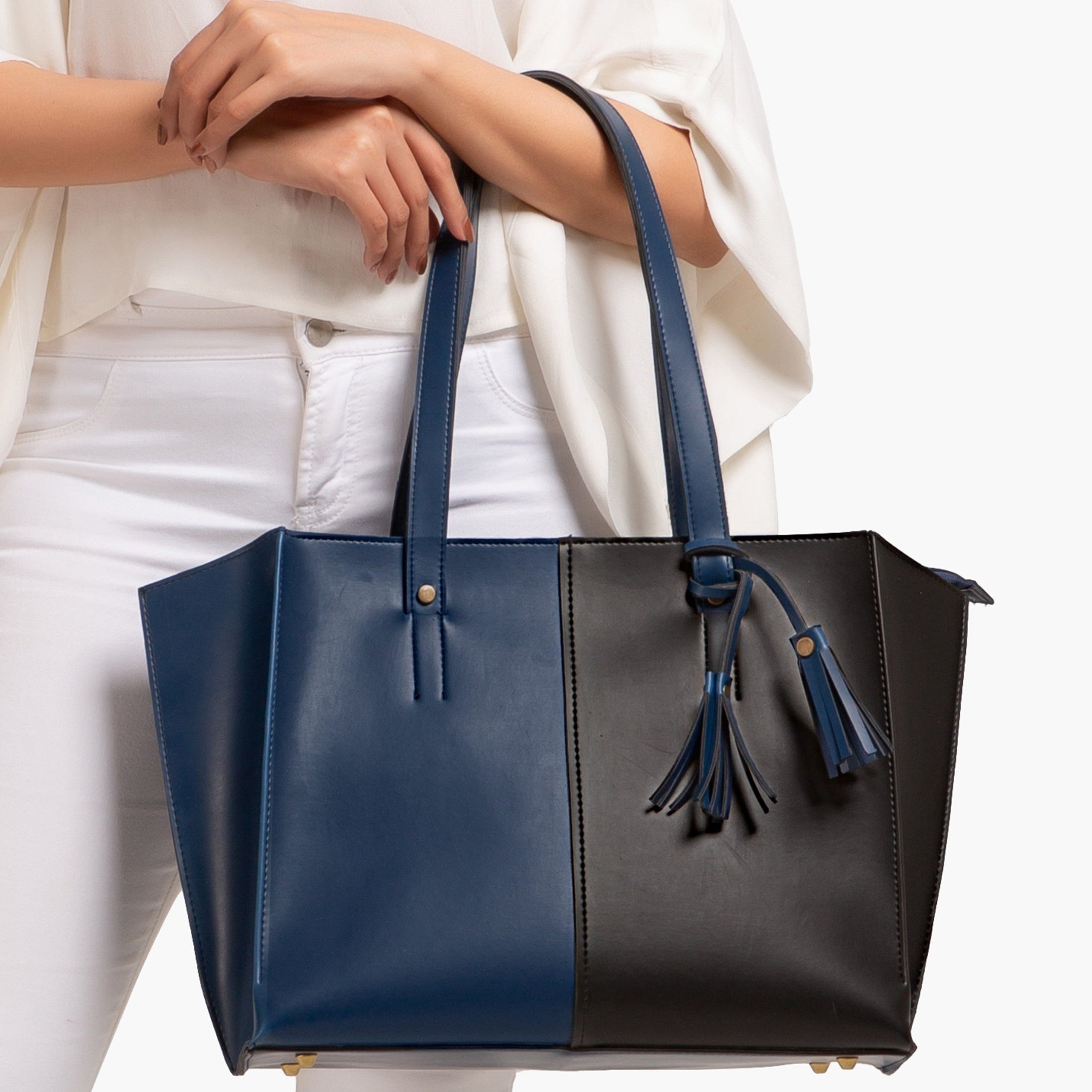 Blue and black over the shoulder tote bag