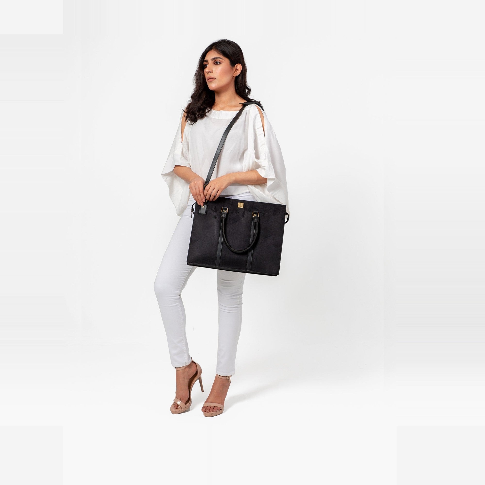 Black suede laptop bag