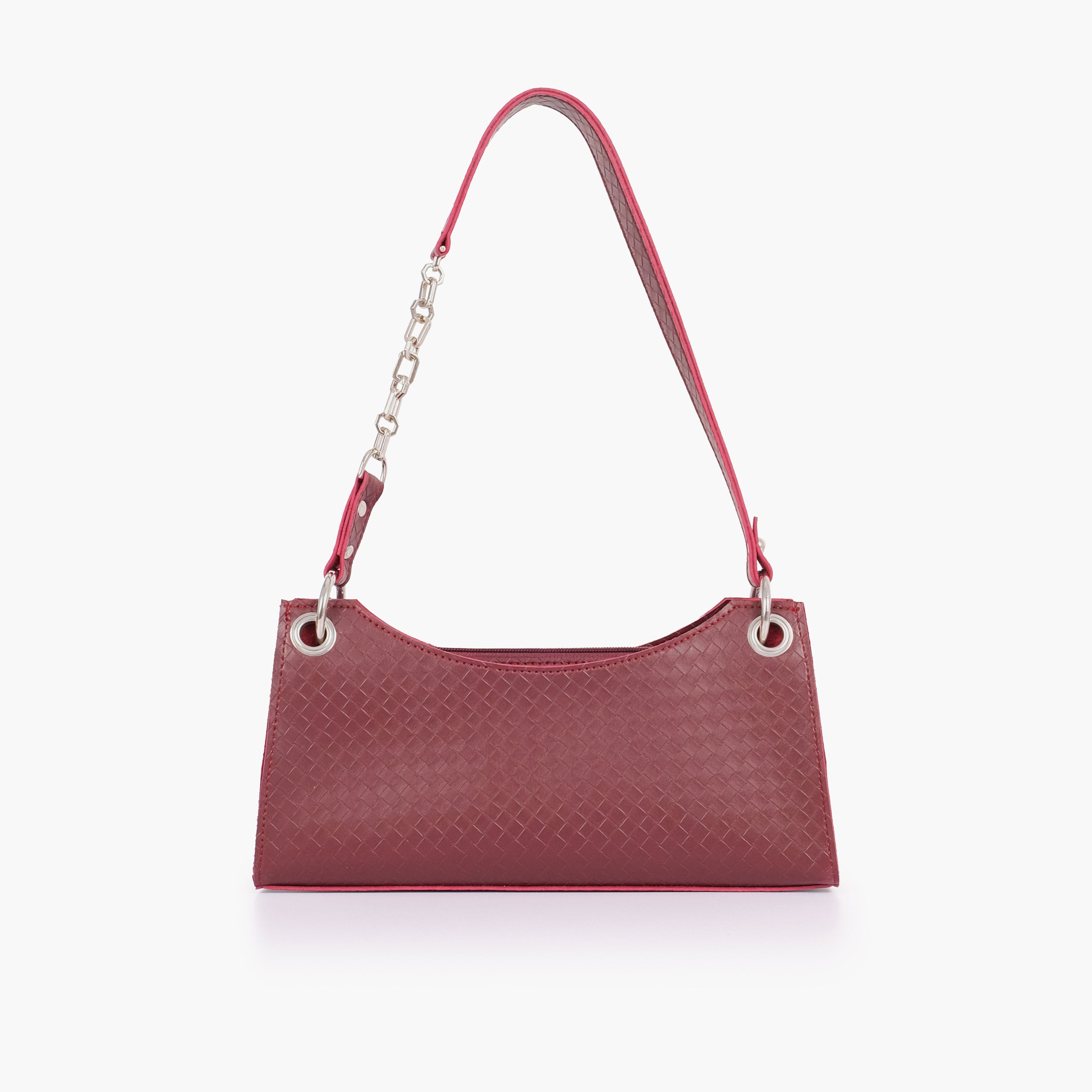 Burgundy weaved elongated chain handle purse