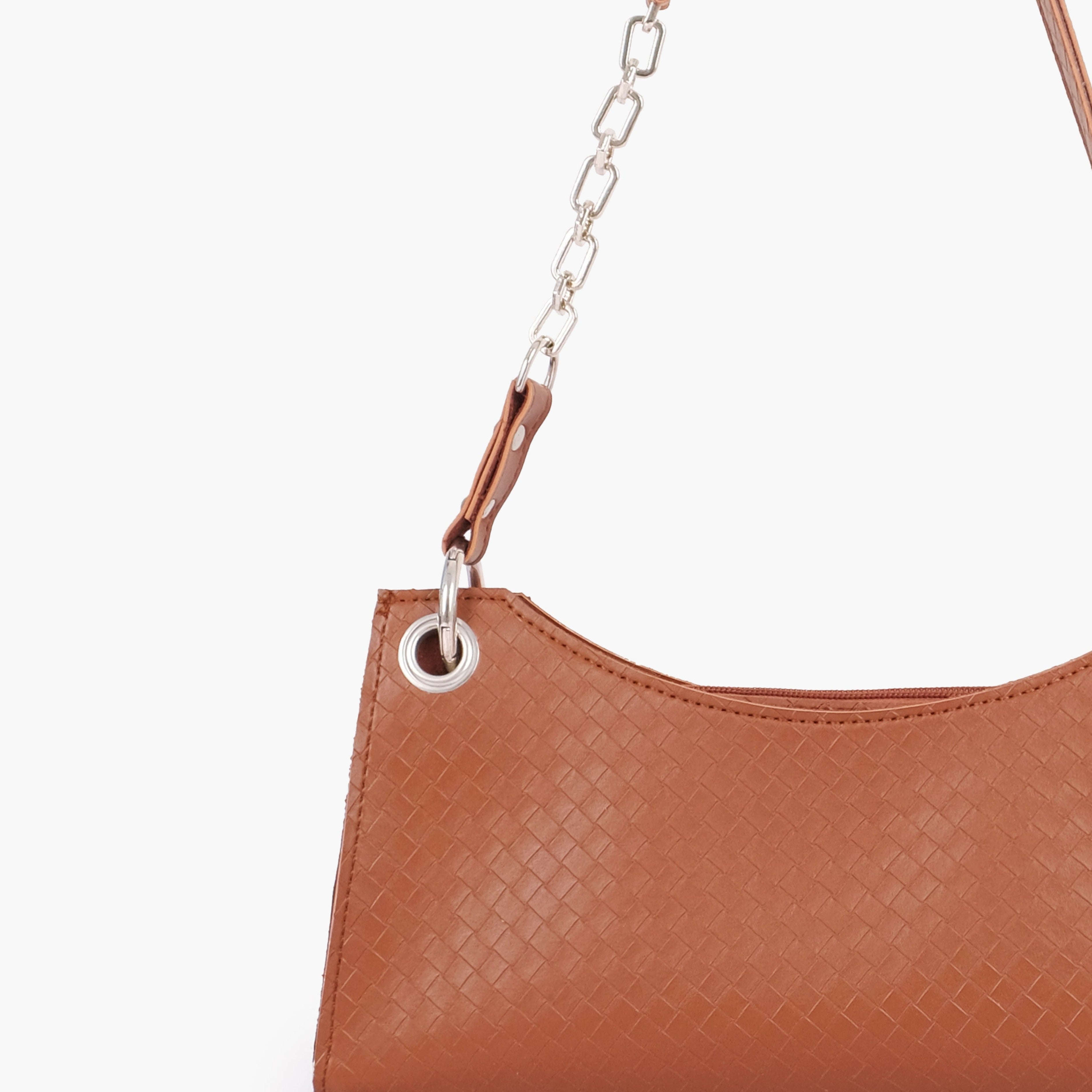 Brown weaved elongated chain handle purse