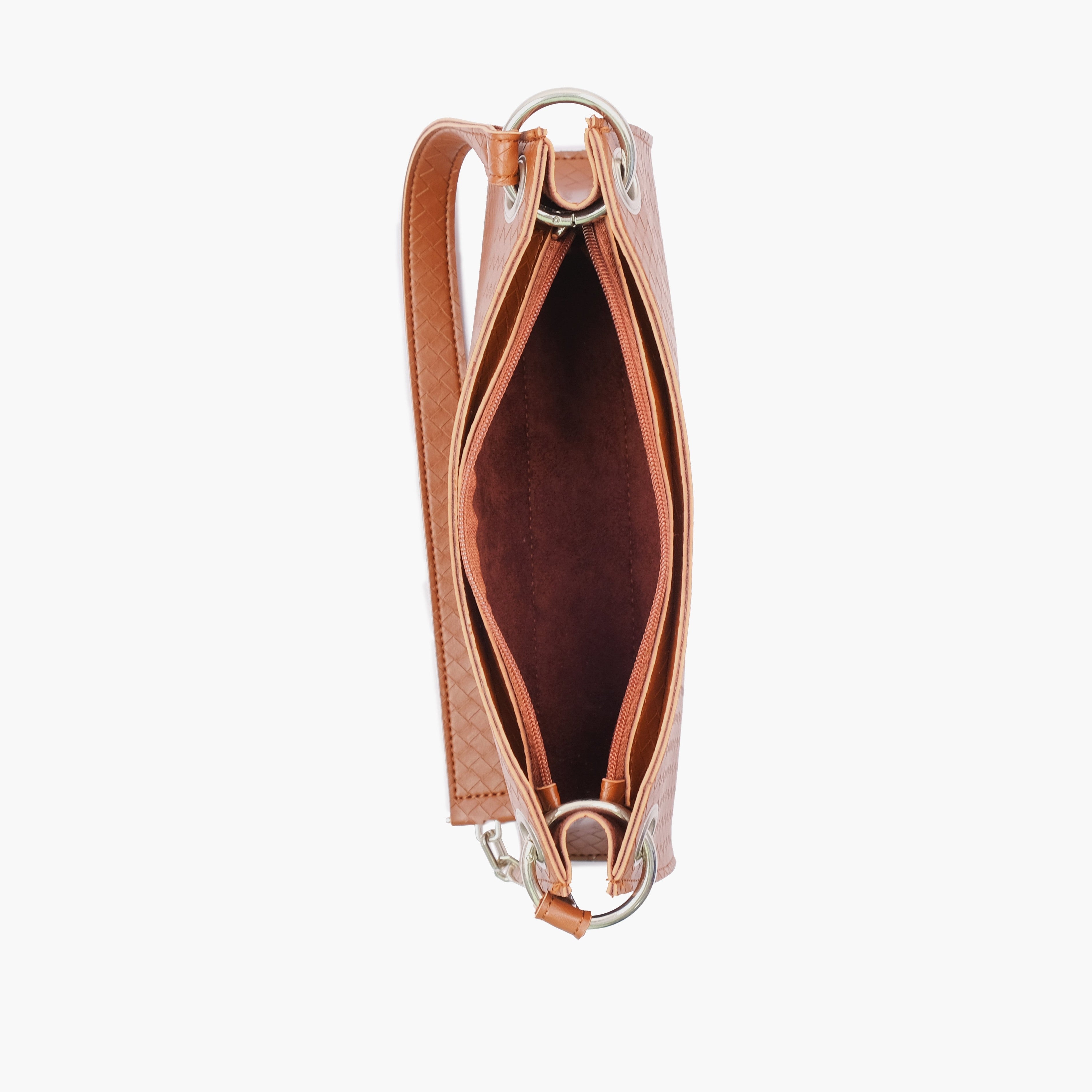 Brown weaved elongated chain handle purse