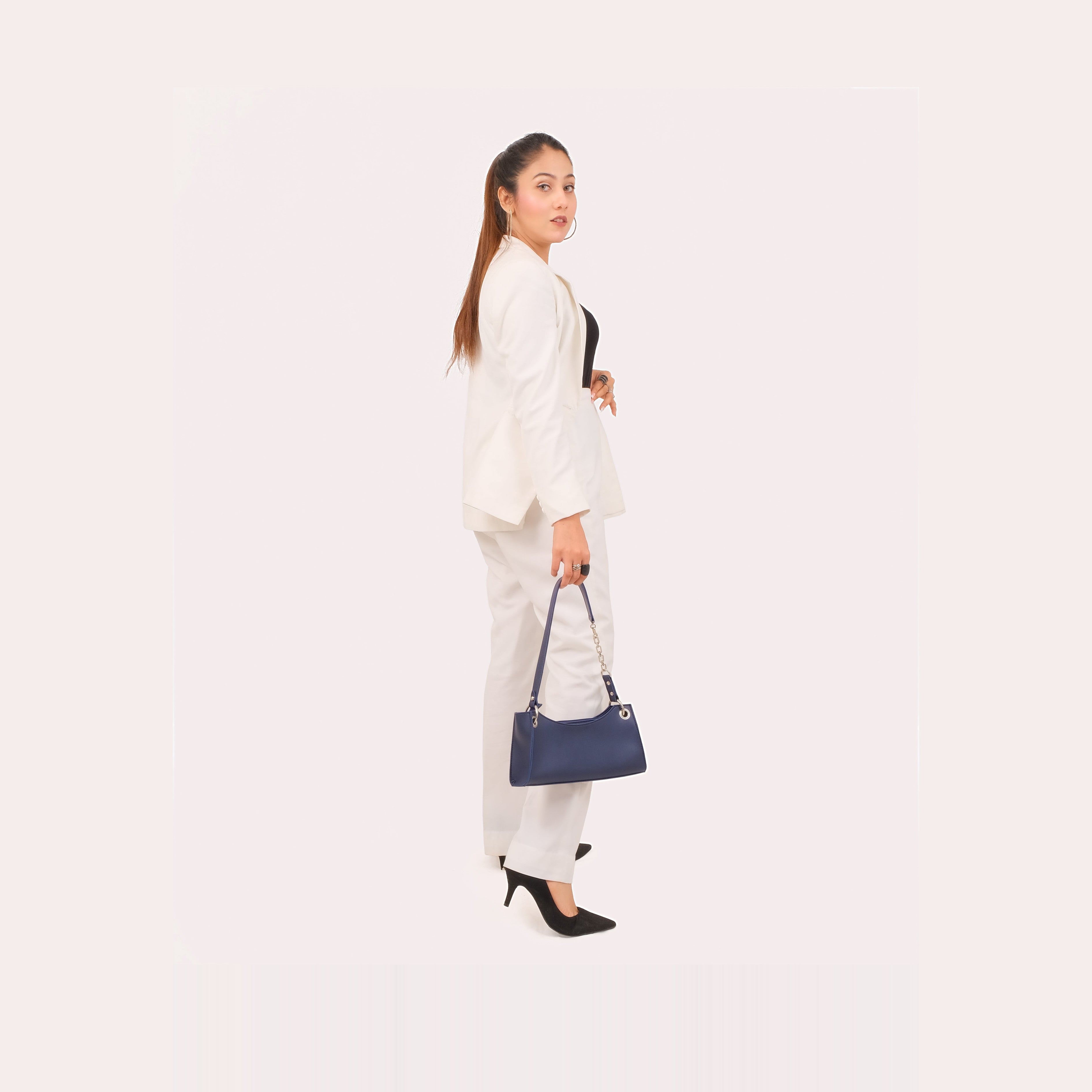 Blue elongated chain handle purse