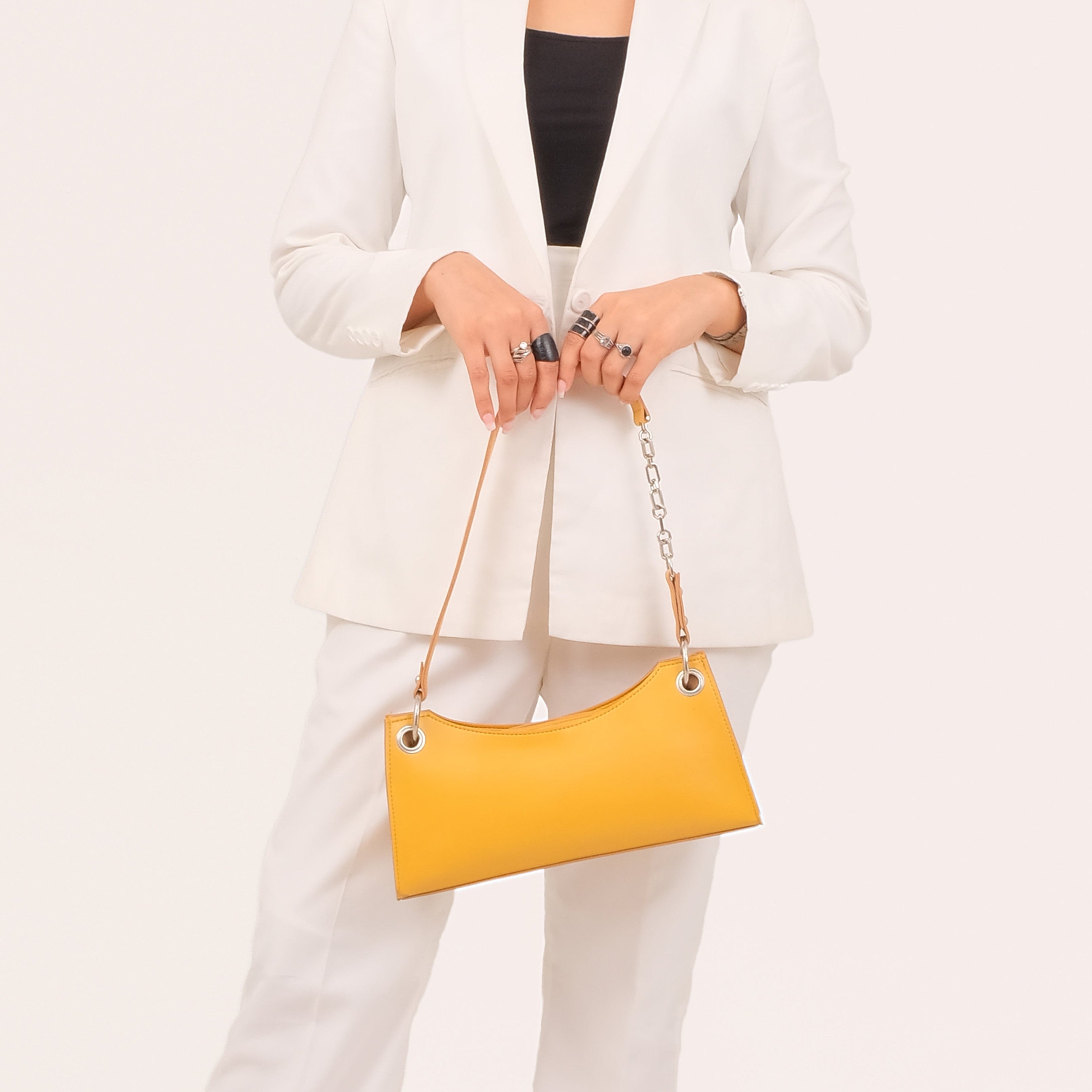 Yellow elongated chain handle purse