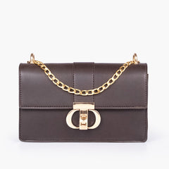 Dark brown east-west shoulder bag with half chain