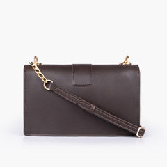Dark brown east-west shoulder bag with half chain