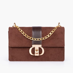 Dark brown suede east-west shoulder bag with half chain