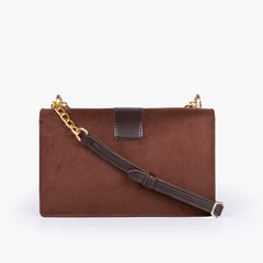 Dark brown suede east-west shoulder bag with half chain