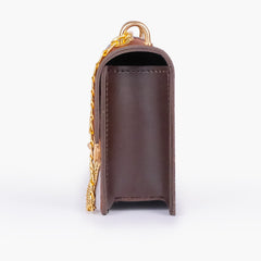Dark brown suede east-west shoulder bag with half chain