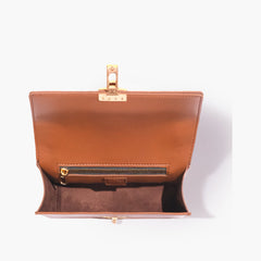 Dark brown suede east-west shoulder bag with half chain