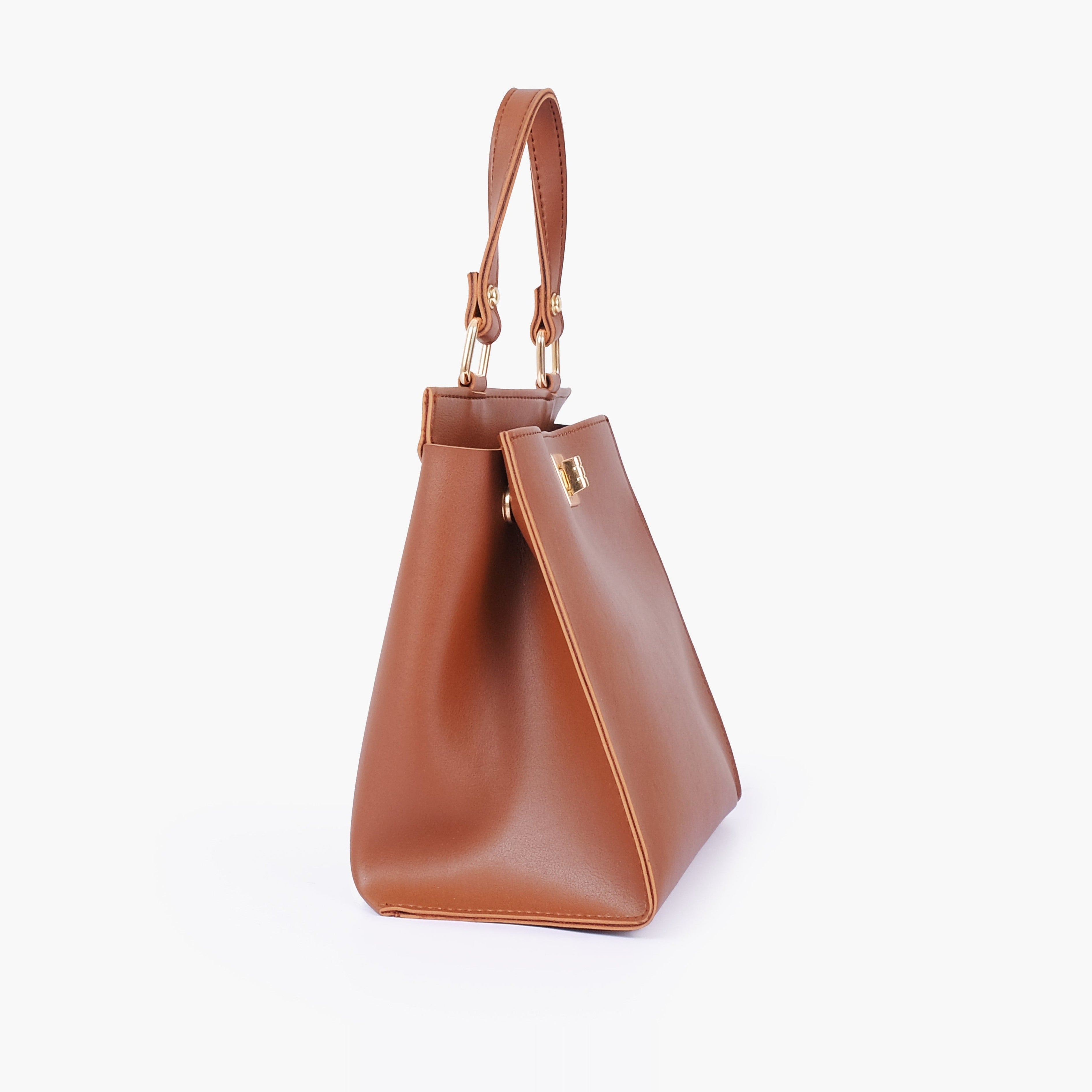 Brown front lock top-handle mini bag